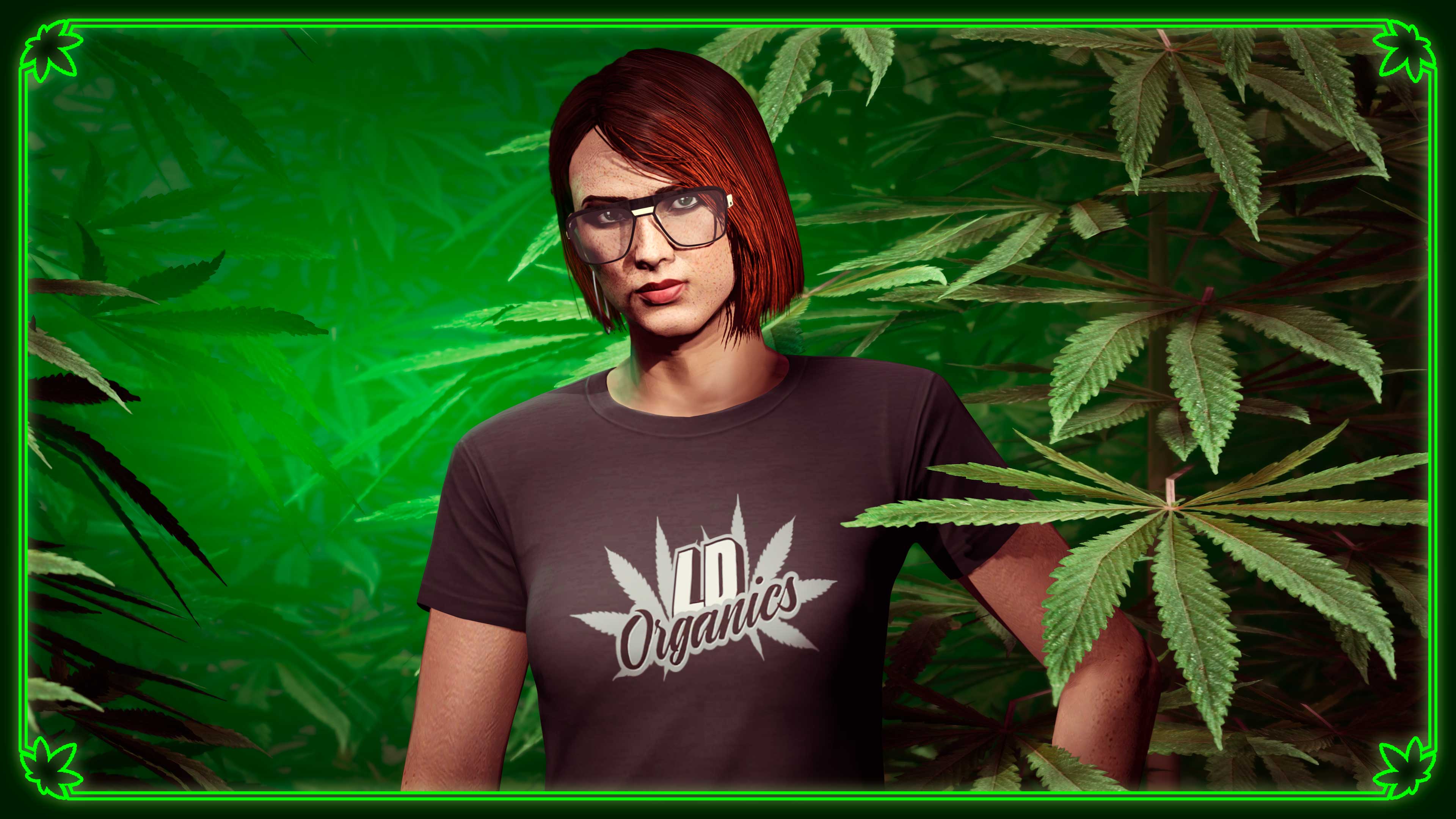 大麻植物旁有一名身穿拉玛有机坊黑色T恤的GTA在线模式角色。