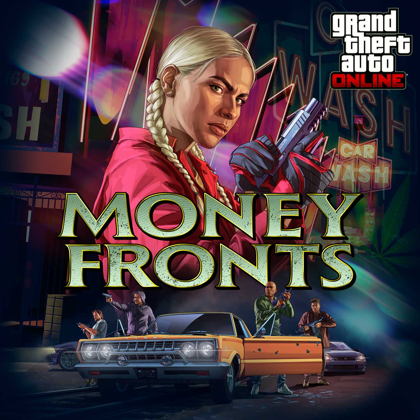 “Grand Theft Auto在线模式：此地无银”海报，绘有一名角色拿着手枪，一群武装帮派分子站在一辆满是弹孔的黄色低底盘车旁，背景是亲力亲为洗车行。