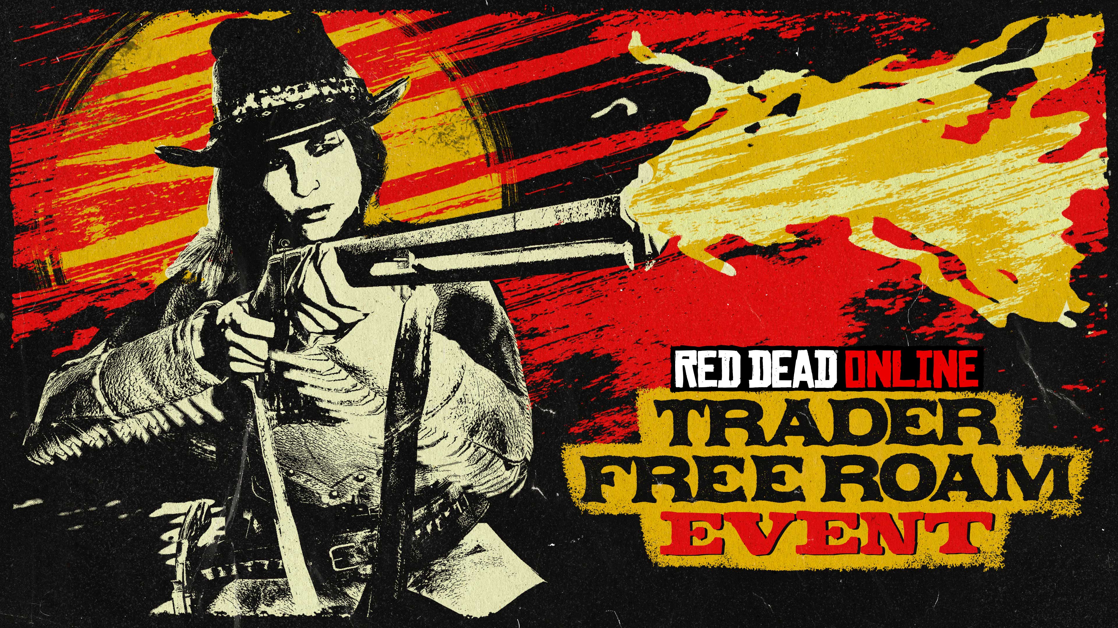 Red Dead在线模式商贩自由模式活动海报，绘有一名正在使用步枪开火的角色。