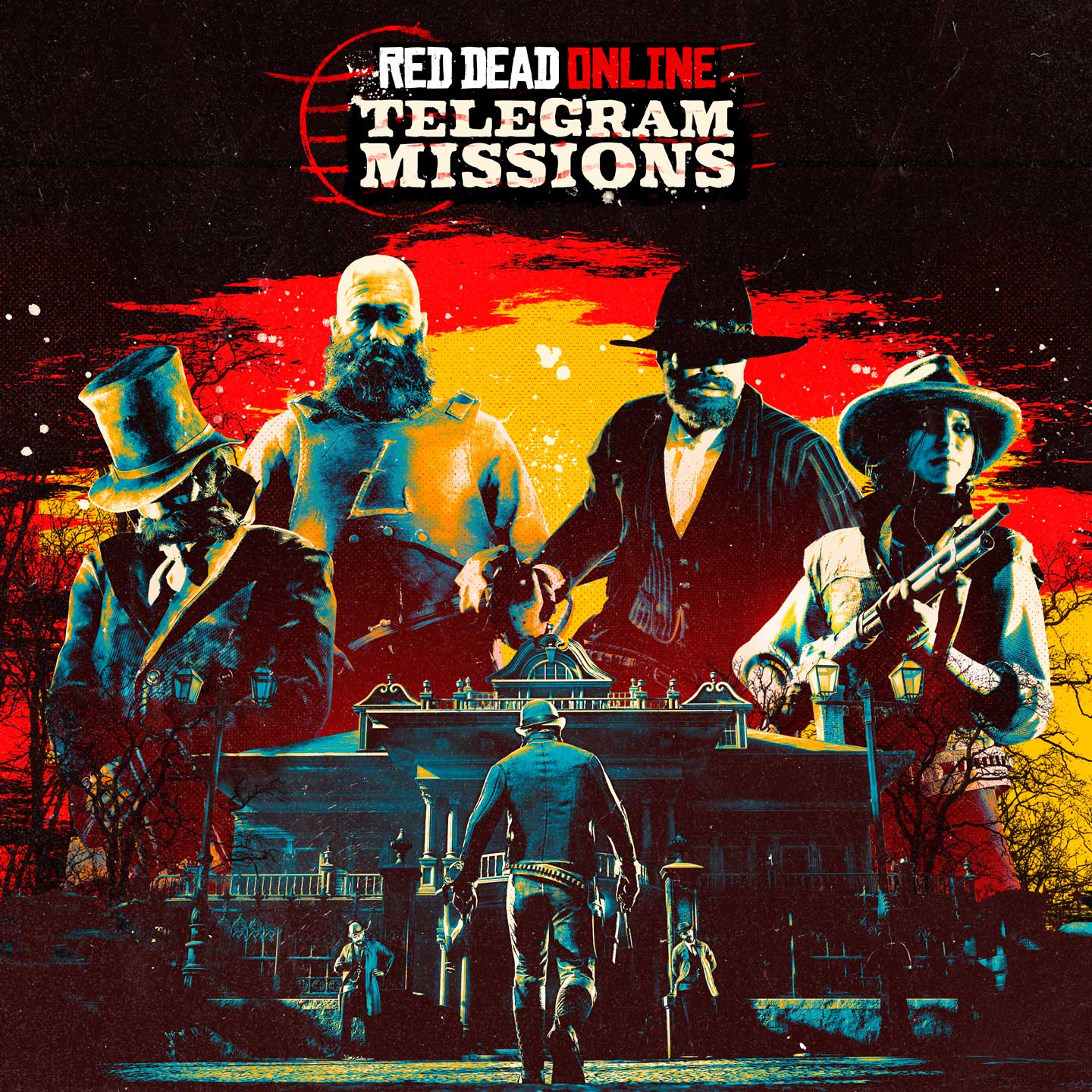 Red Dead在线模式电报任务海报的艺术作品，绘有一名角色走向邮局，一群蒙太奇式的角色聚在邮局周围的画面。