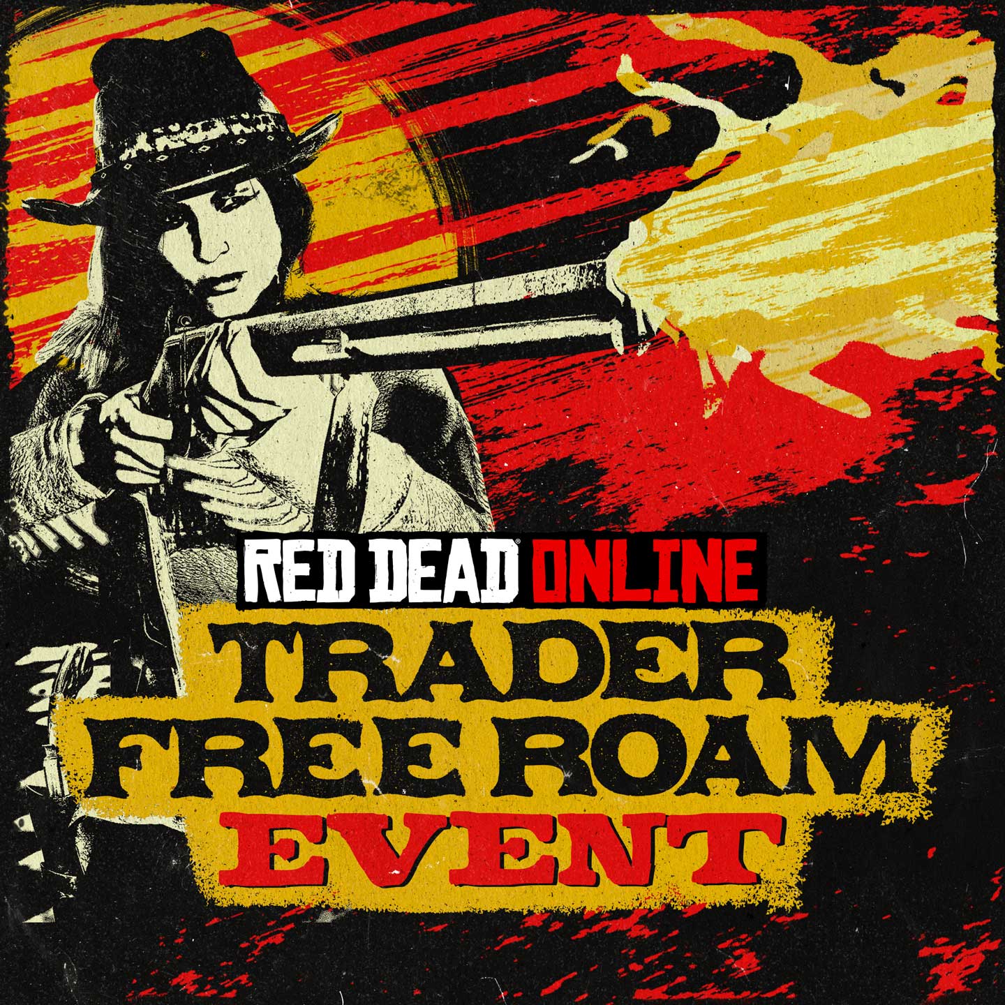 Red Dead在线模式商贩自由模式活动海报，绘有一名正在使用步枪开火的角色。