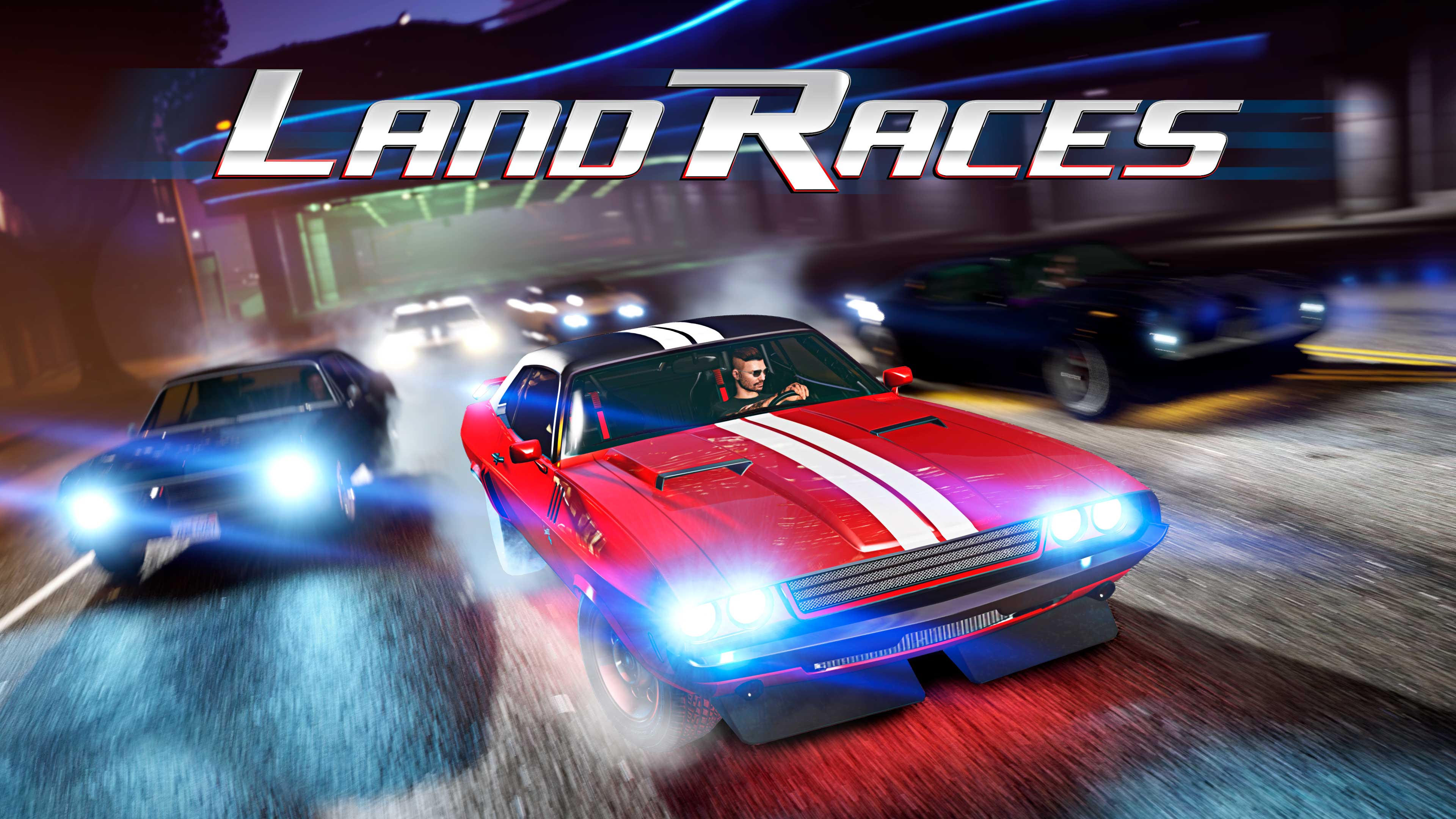 一名 GTA 在线模式玩家在雾夜里和其他人竞速。
