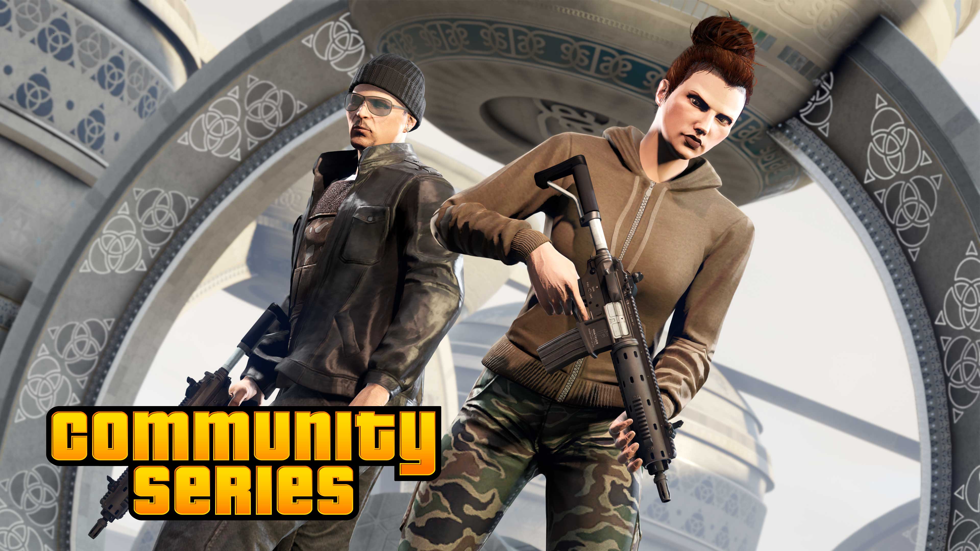 两名佩戴了战斗装备全副武装的 GTA 在线模式角色。