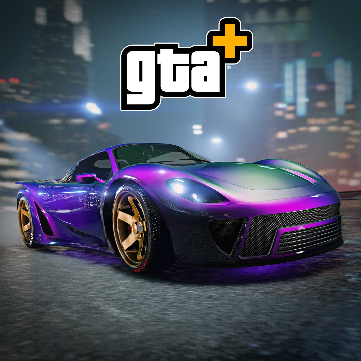 一辆紫绿虹彩三门菲斯特 811 超级跑车，带有金色轮毂和 GTA+ 标志。