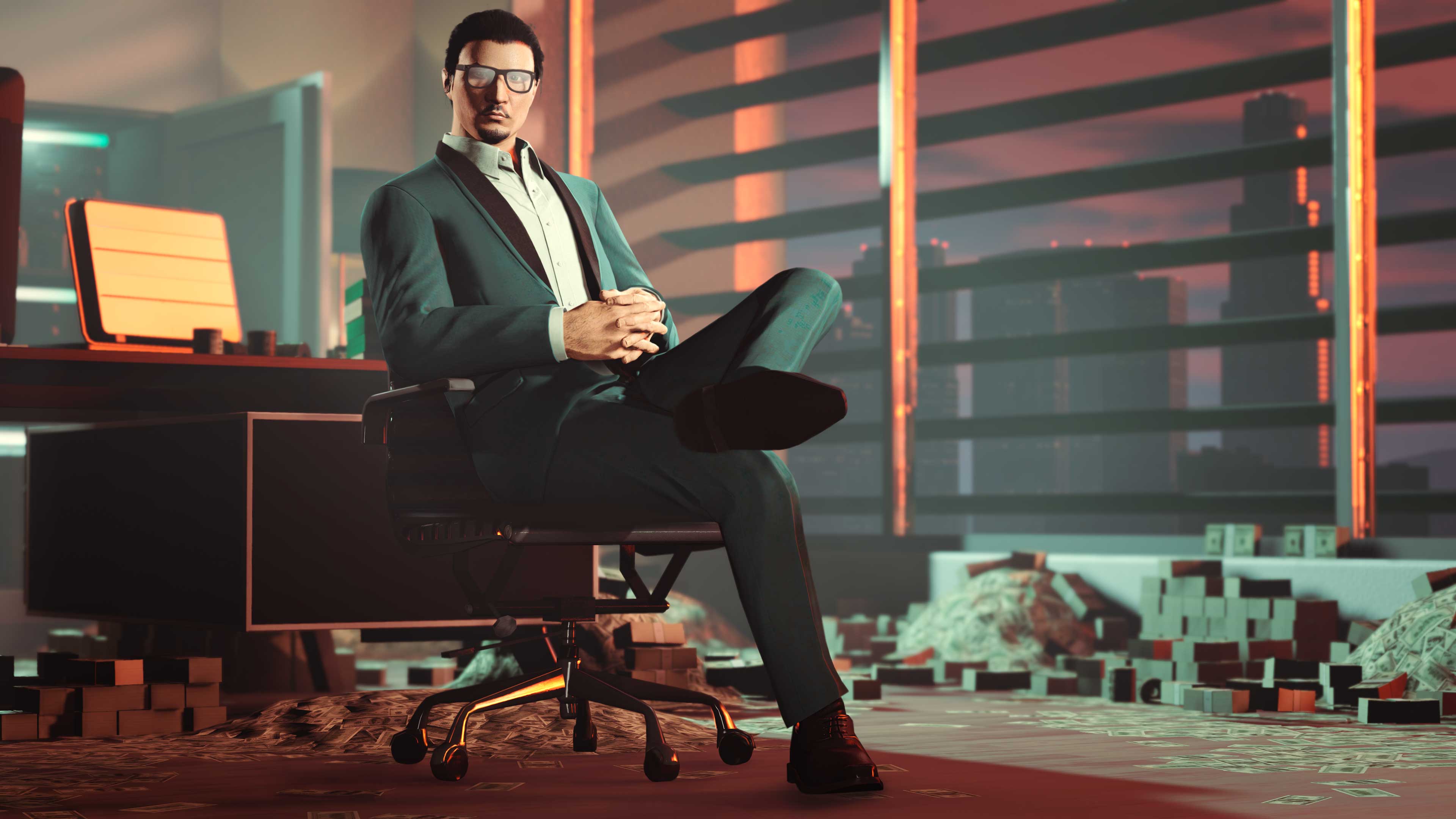 GTA 在线模式角色在堆满钞票的办公室的图片