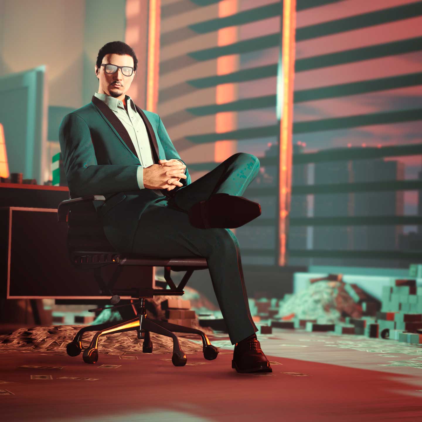 GTA 在线模式角色在堆满钞票的办公室的图片