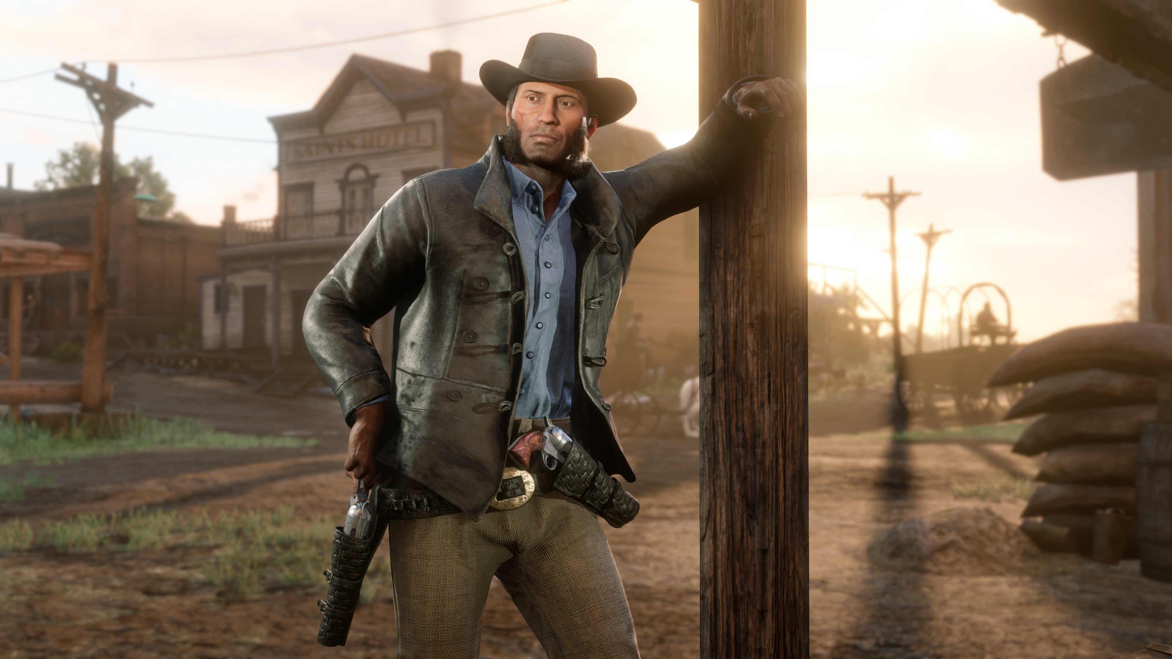 Red Dead 在线模式角色倚靠在柱子上的图片
