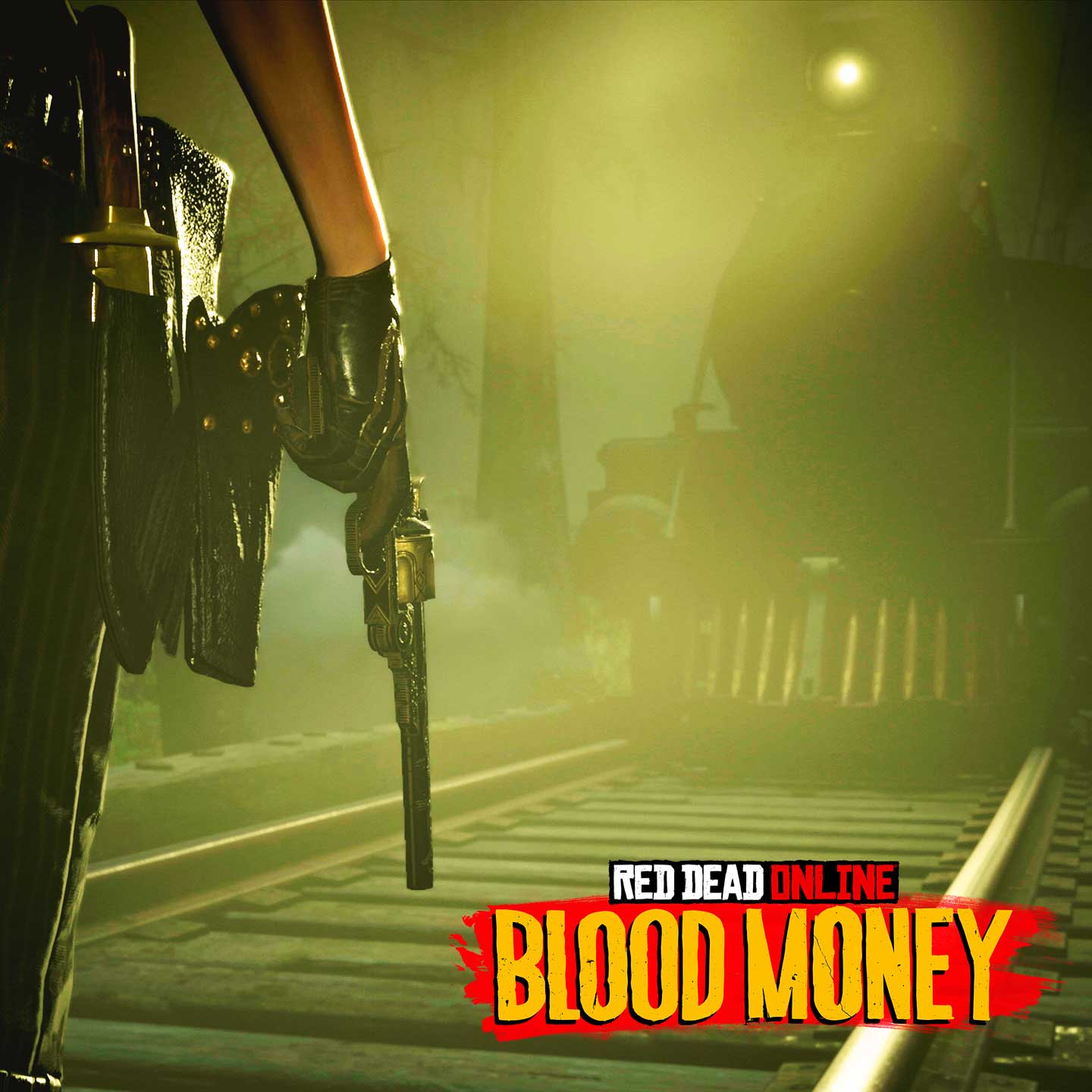 Red Dead 在线模式角色站在一辆火车前和 Red Dead 在线模式血染之财徽标的图片