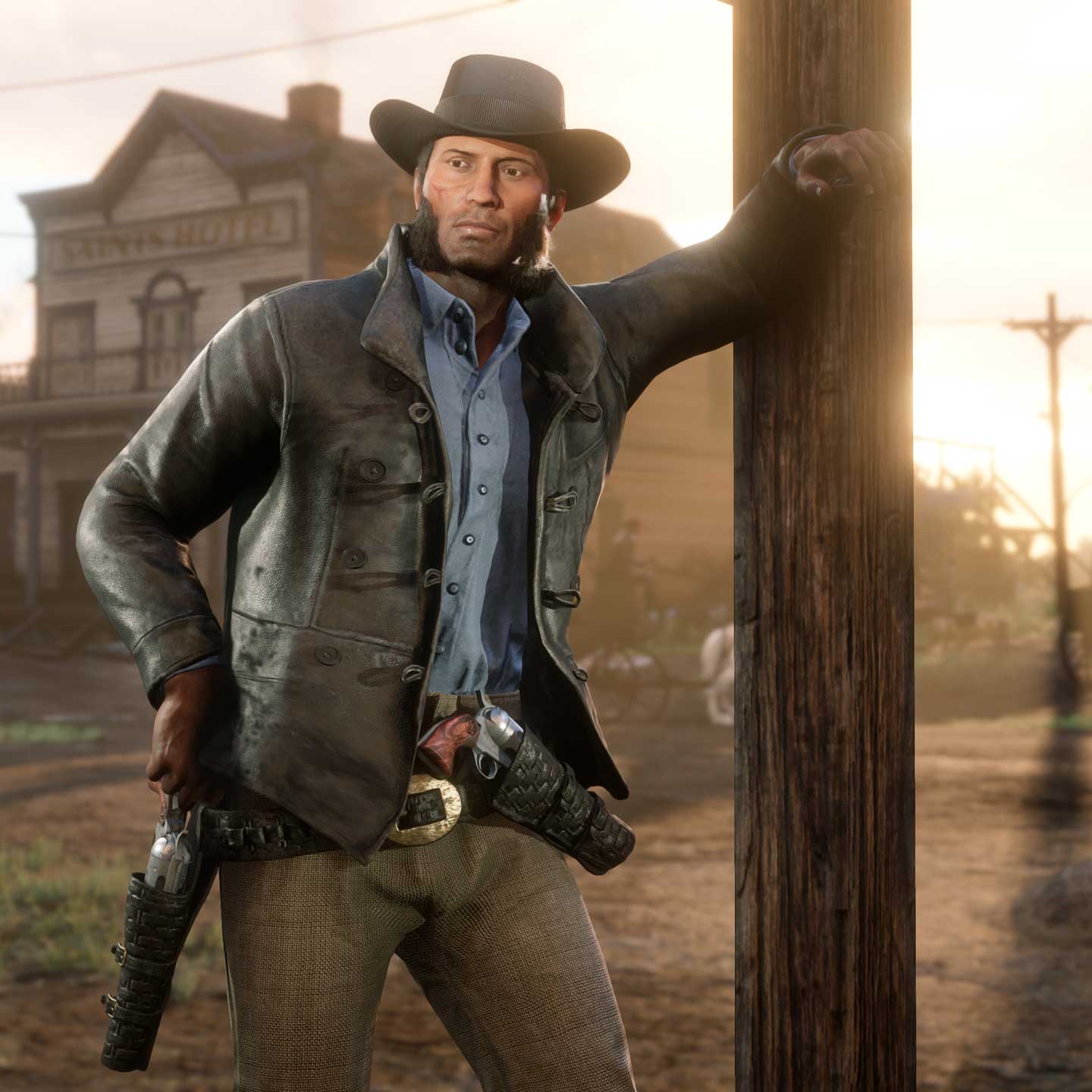 Red Dead 在线模式角色倚靠在柱子上的图片