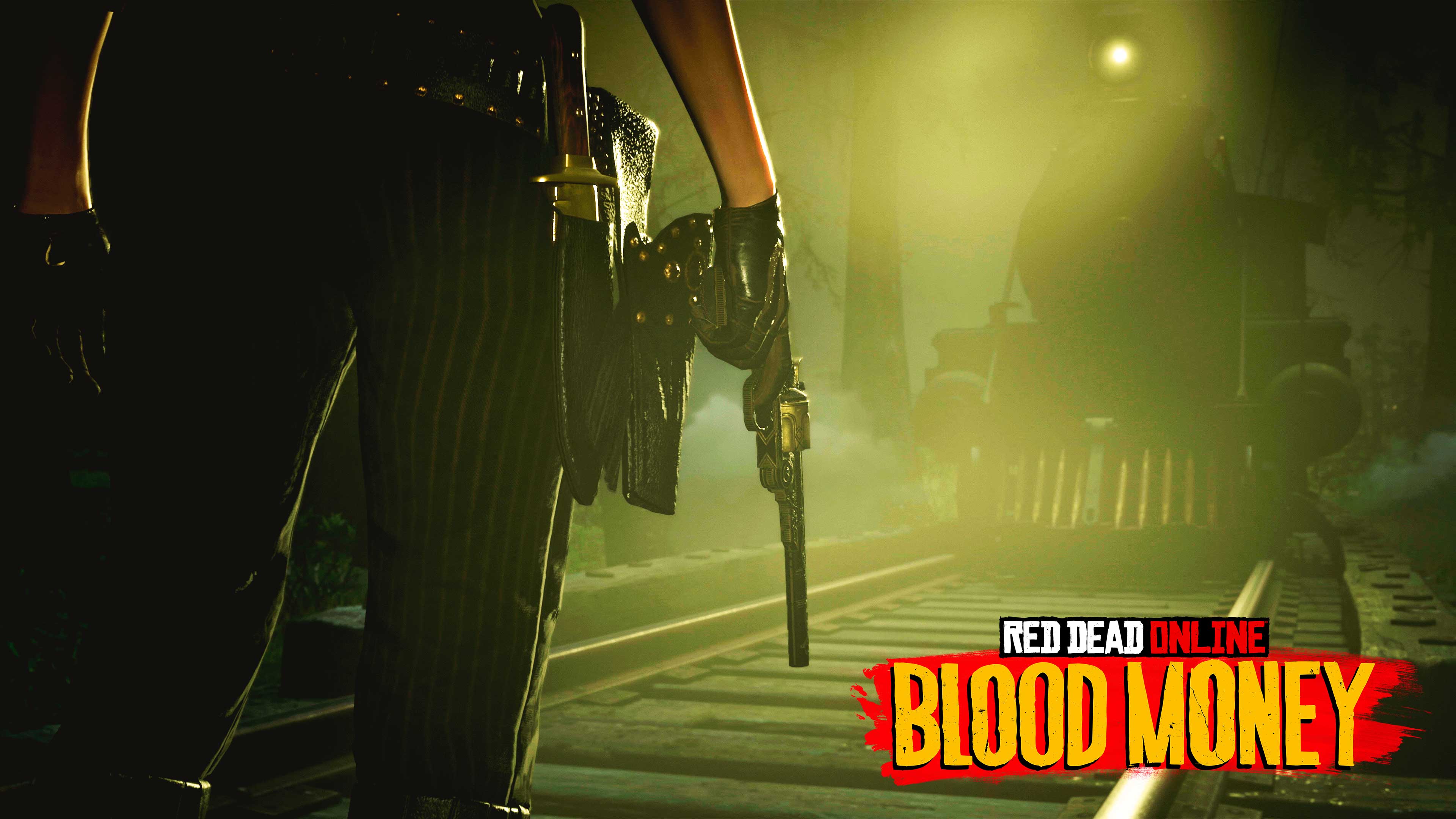 Red Dead 在线模式角色站在一辆火车前和 Red Dead 在线模式血染之财徽标的图片