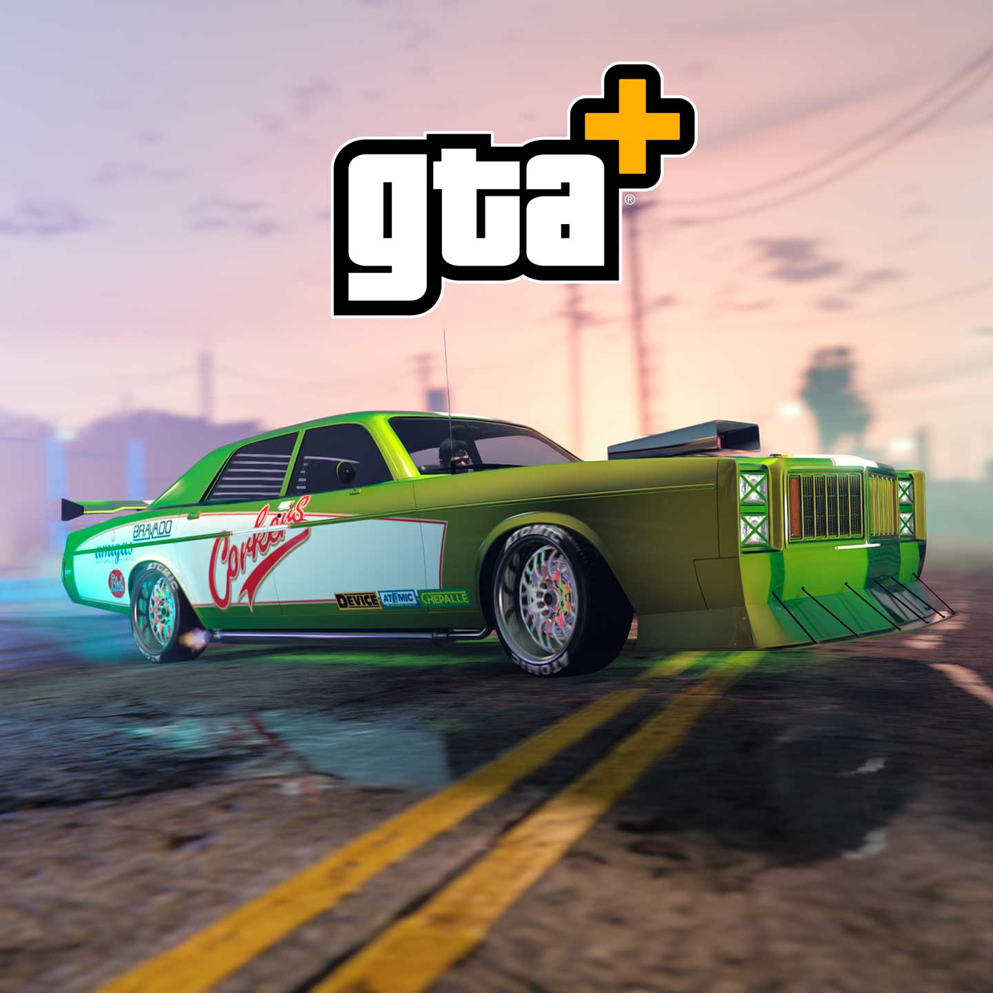 GTA+ 的海报，绘有一辆绿色的冒险家格林伍德，配有群星队涂装。