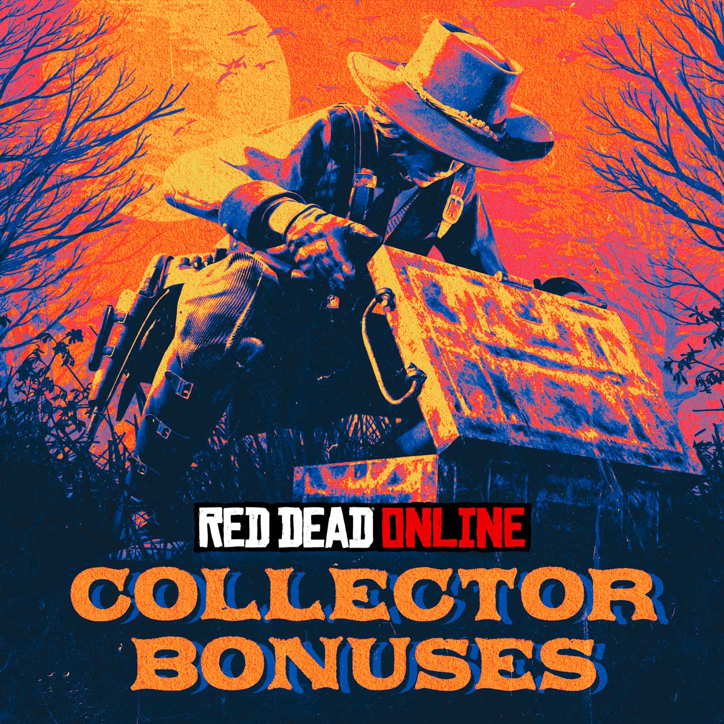 Red Dead 在线模式收藏家奖励活动海报，绘有一名 Red Dead 在线模式玩家在温暖的橙色日落下打开一个宝箱，四周围绕着黑色的树木剪影。