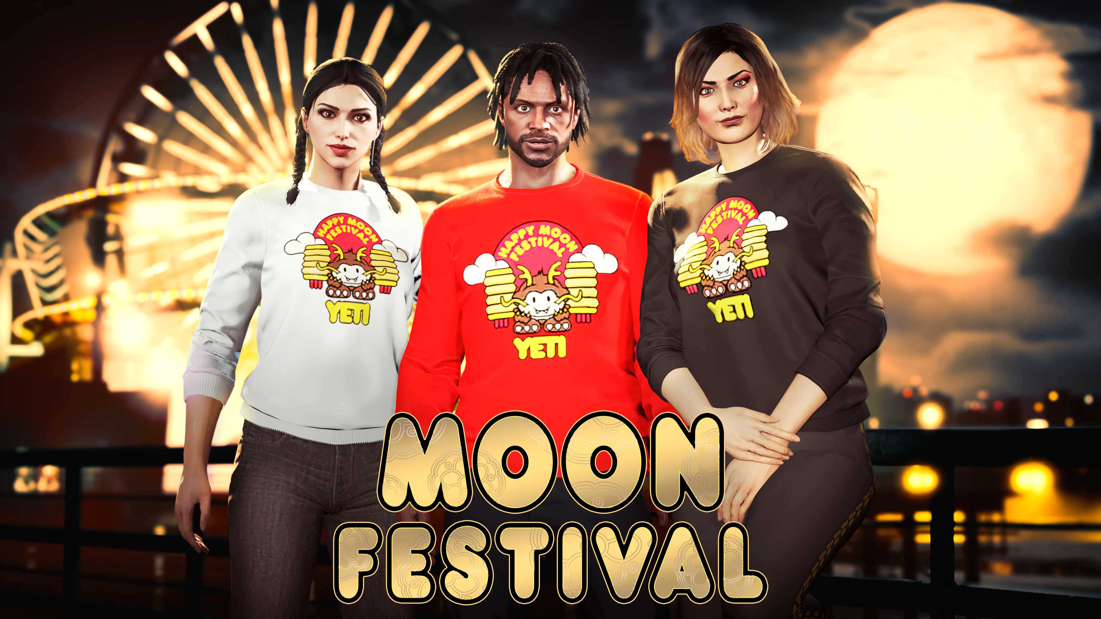 中秋节活动海报，画有三名 GTA 在线模式玩家穿着白色、红色和黑色秋季毛衣。
