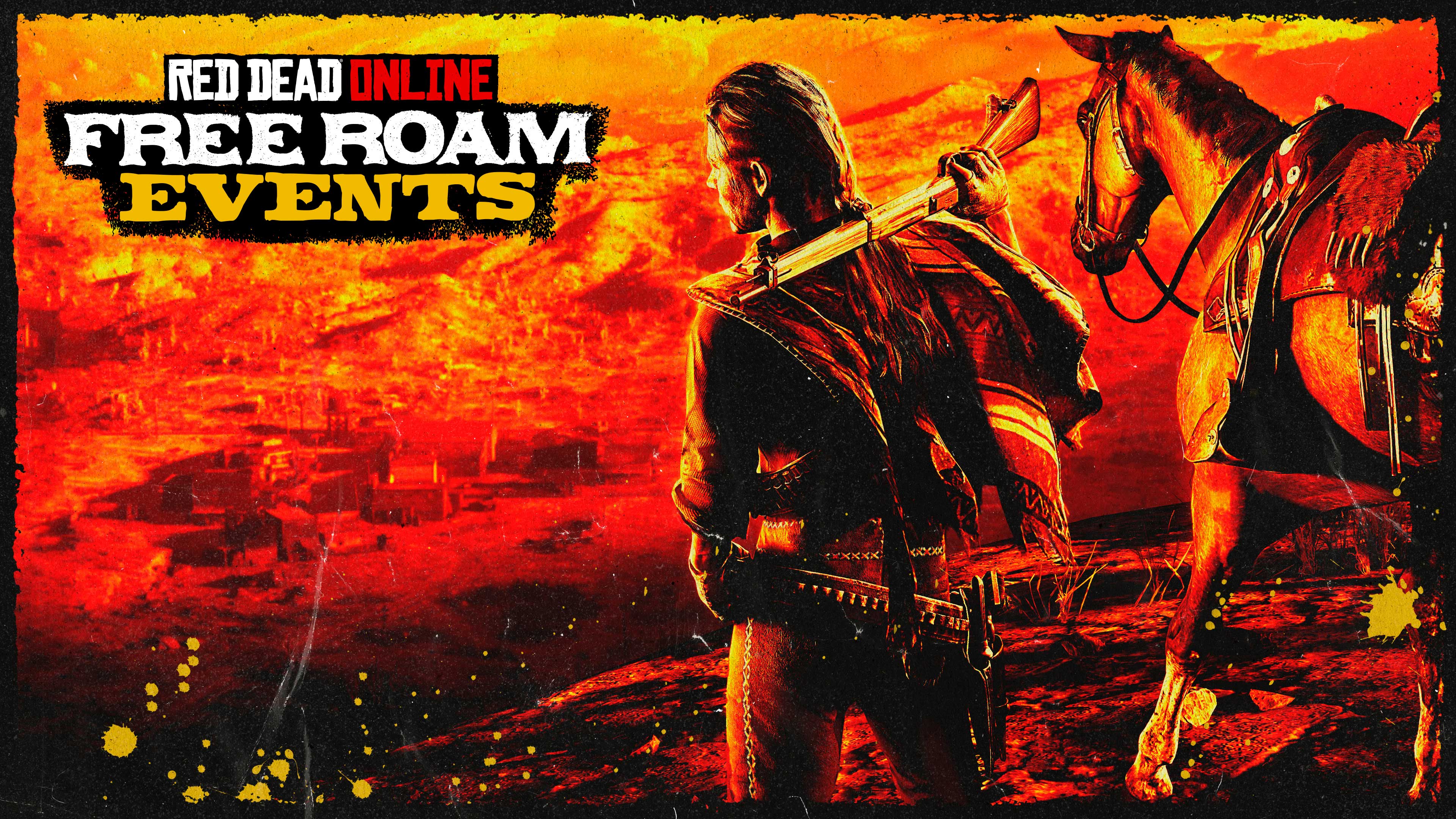 Red Dead 在线模式自由模式活动海报，描绘了一个角色和他的马望向远处的一座小镇。