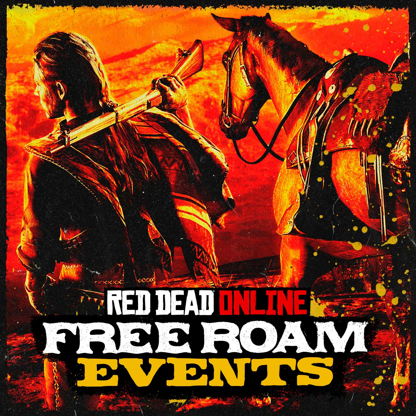 Red Dead 在线模式自由模式活动海报，描绘了一个角色和他的马望向远处的一座小镇。