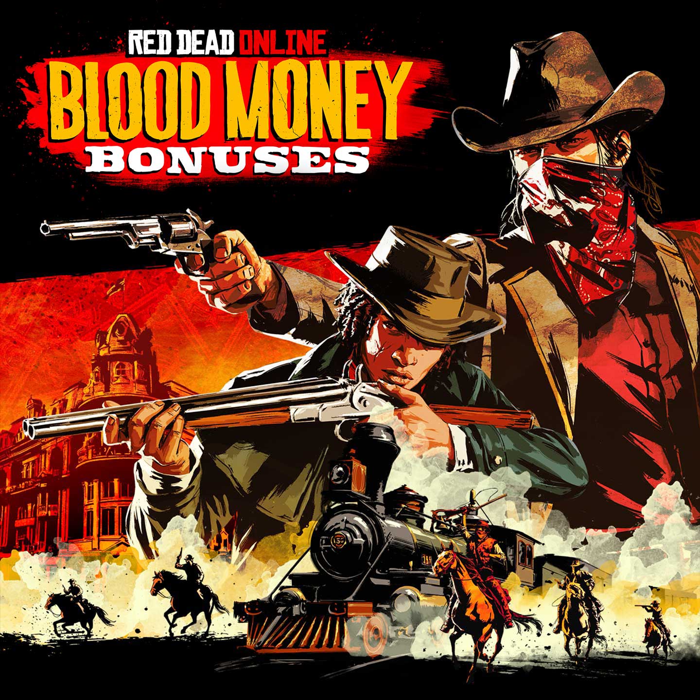 Red Dead 在线模式血染之财海报，其中有一组武装角色的蒙太奇画面，及一辆被蒙面骑士包围的蒸汽火车。