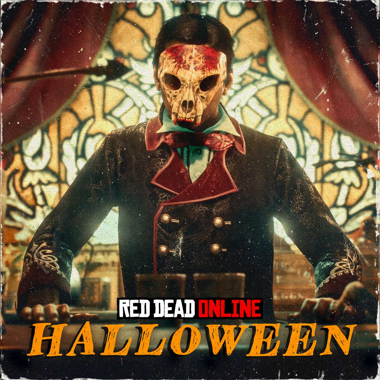 Red Dead 在线模式万圣节海报，在线角色戴着骷髅面具，身穿装饰外套，周围环绕着人类和动物头骨。