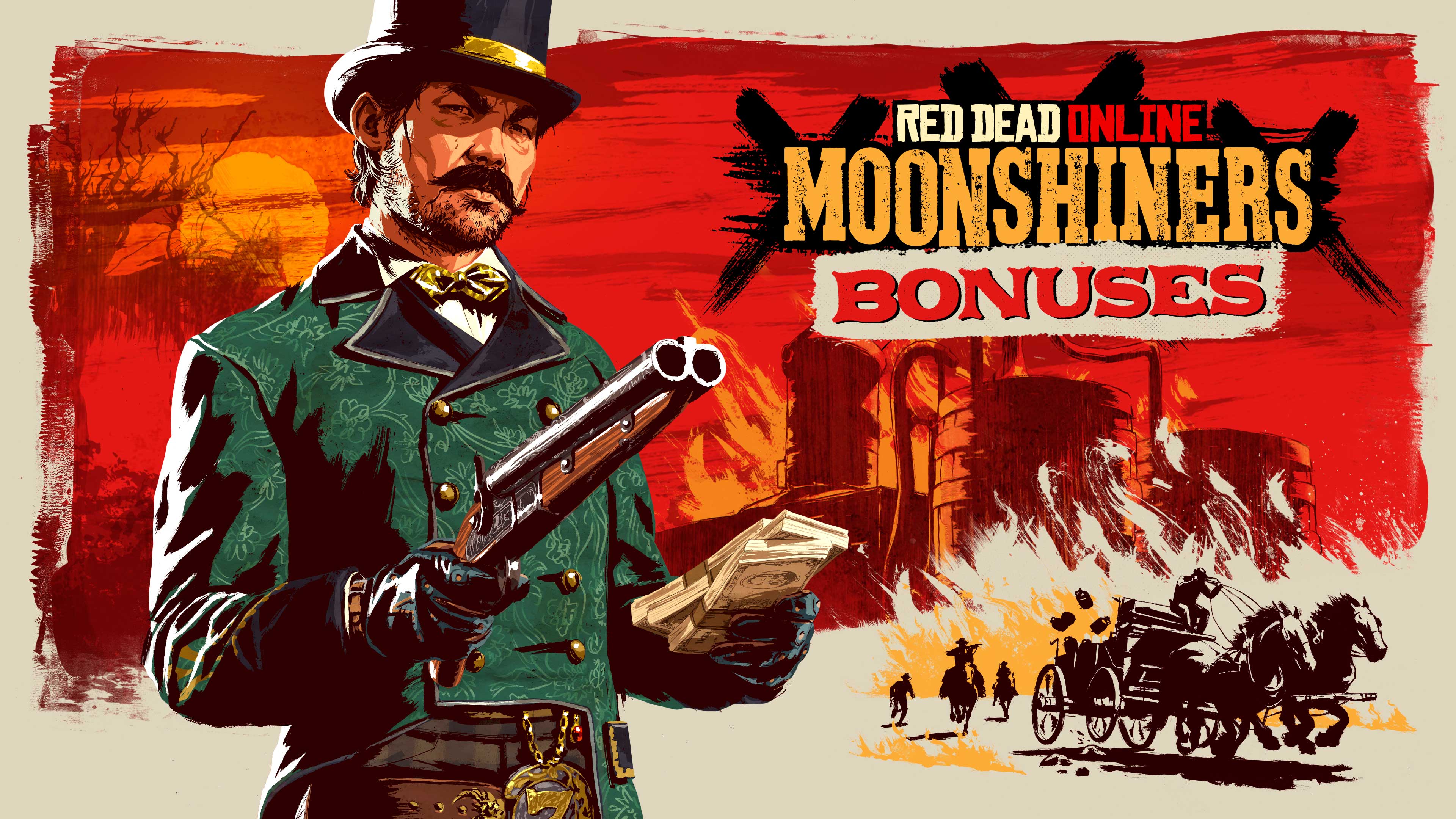 Red Dead 在线模式私酒贩奖励海报，其中马塞尔手持一把短筒猎枪和钱。