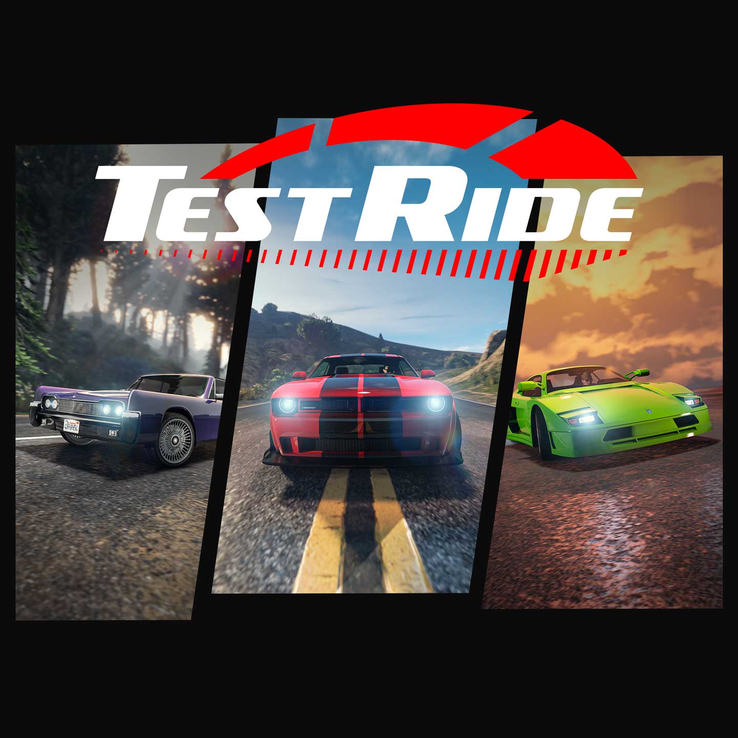 GTA 在线模式试驾载具的标志与威皮奇诺、古罗帝远途经典版，以及冒险家铁腕地狱火载具的截图