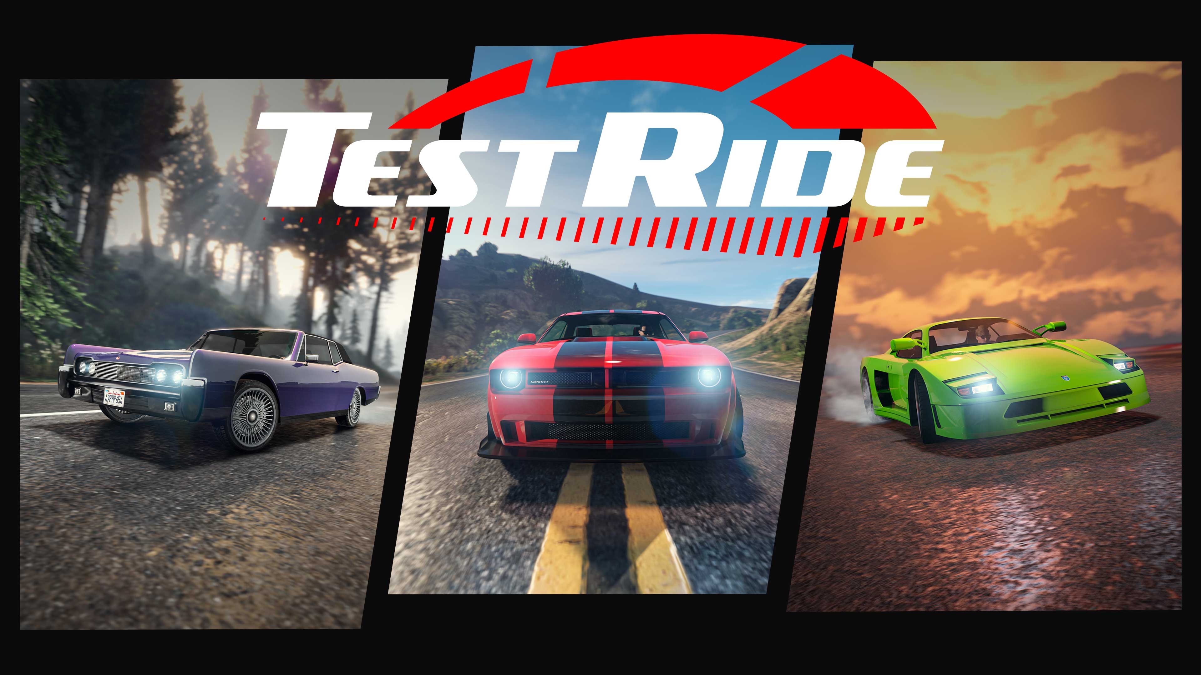 GTA 在线模式试驾载具的标志与威皮奇诺、古罗帝远途经典版，以及冒险家铁腕地狱火载具的截图