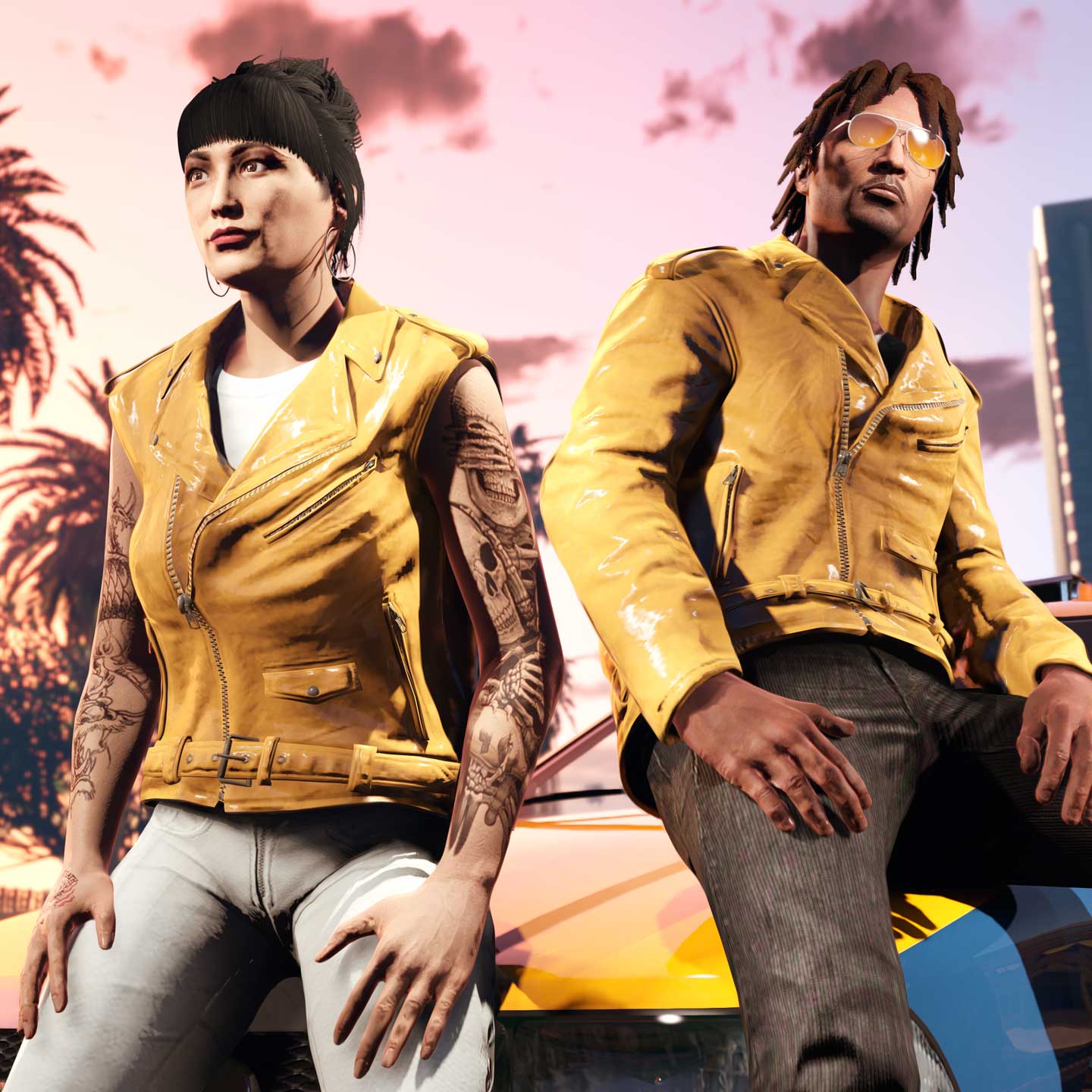 GTA 在线模式角色穿着深黄色黑胶夹克和深黄色黑胶马甲的图片