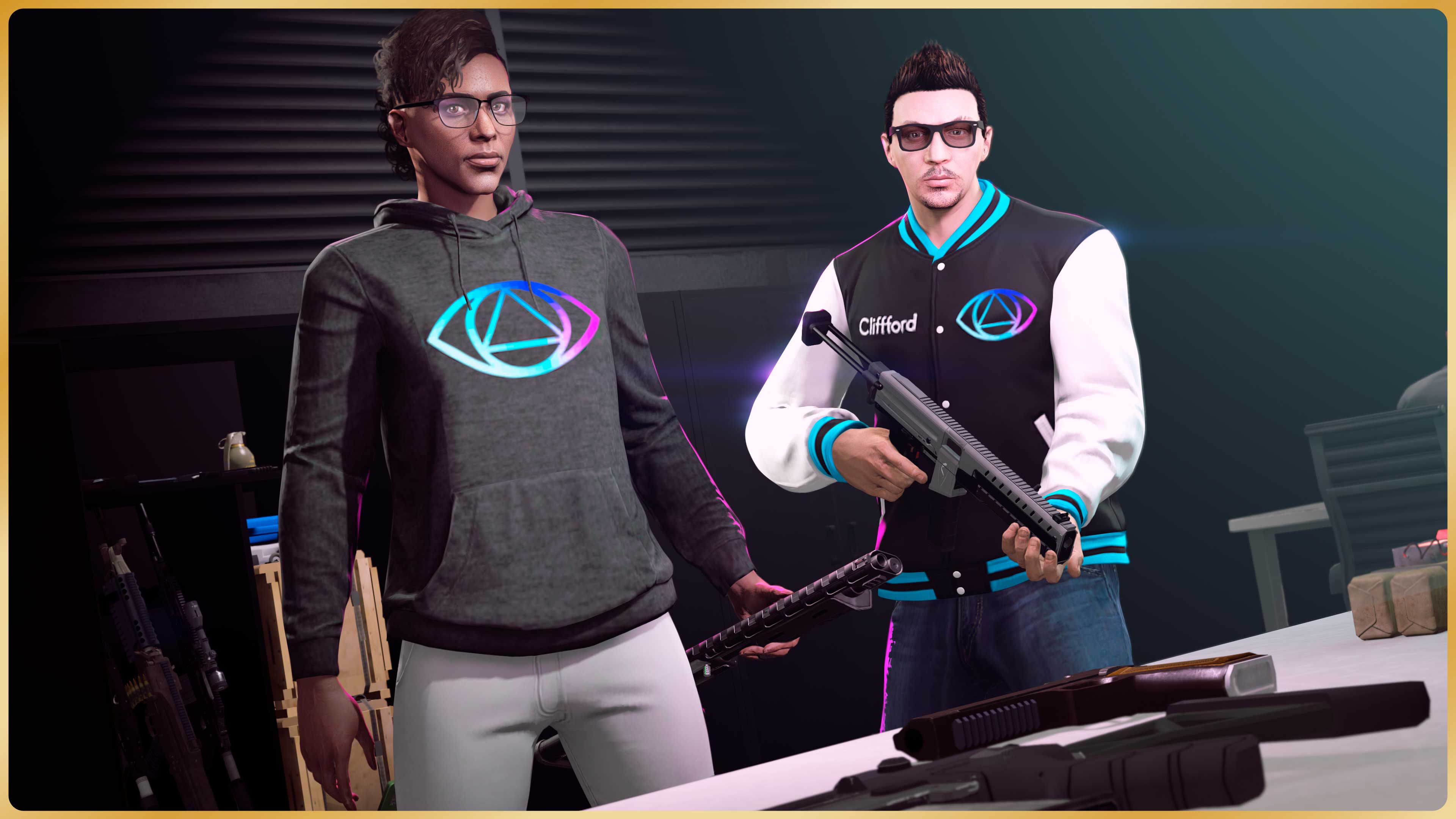 GTA 在线模式角色身穿克利福德连帽外衣和飞行员夹克的图片