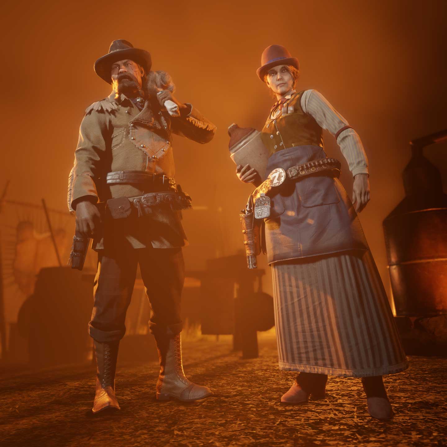 两名 Red Dead 在线模式角色，其中一名拿着一瓶私酒。