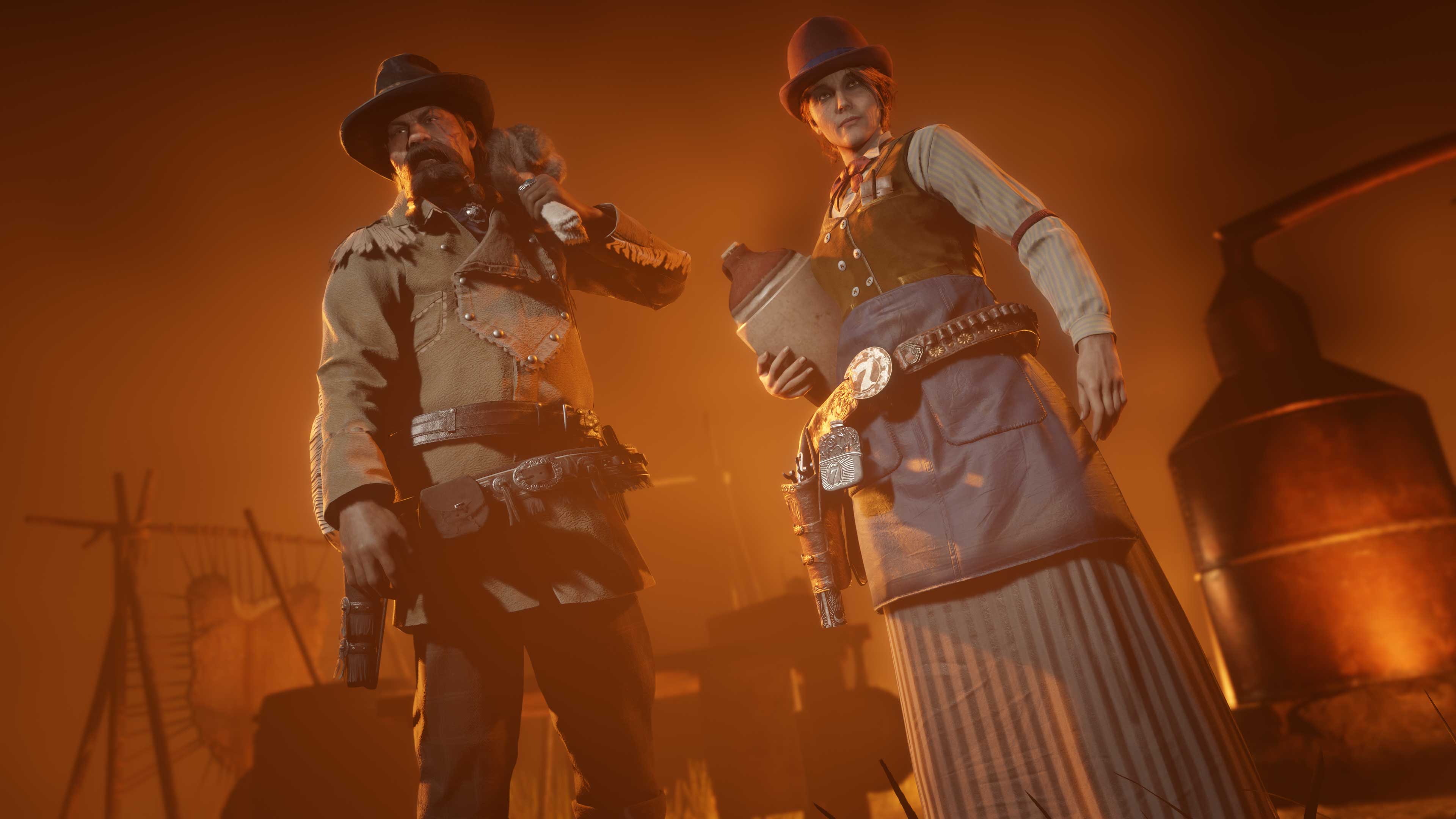两名 Red Dead 在线模式角色，其中一名拿着一瓶私酒。
