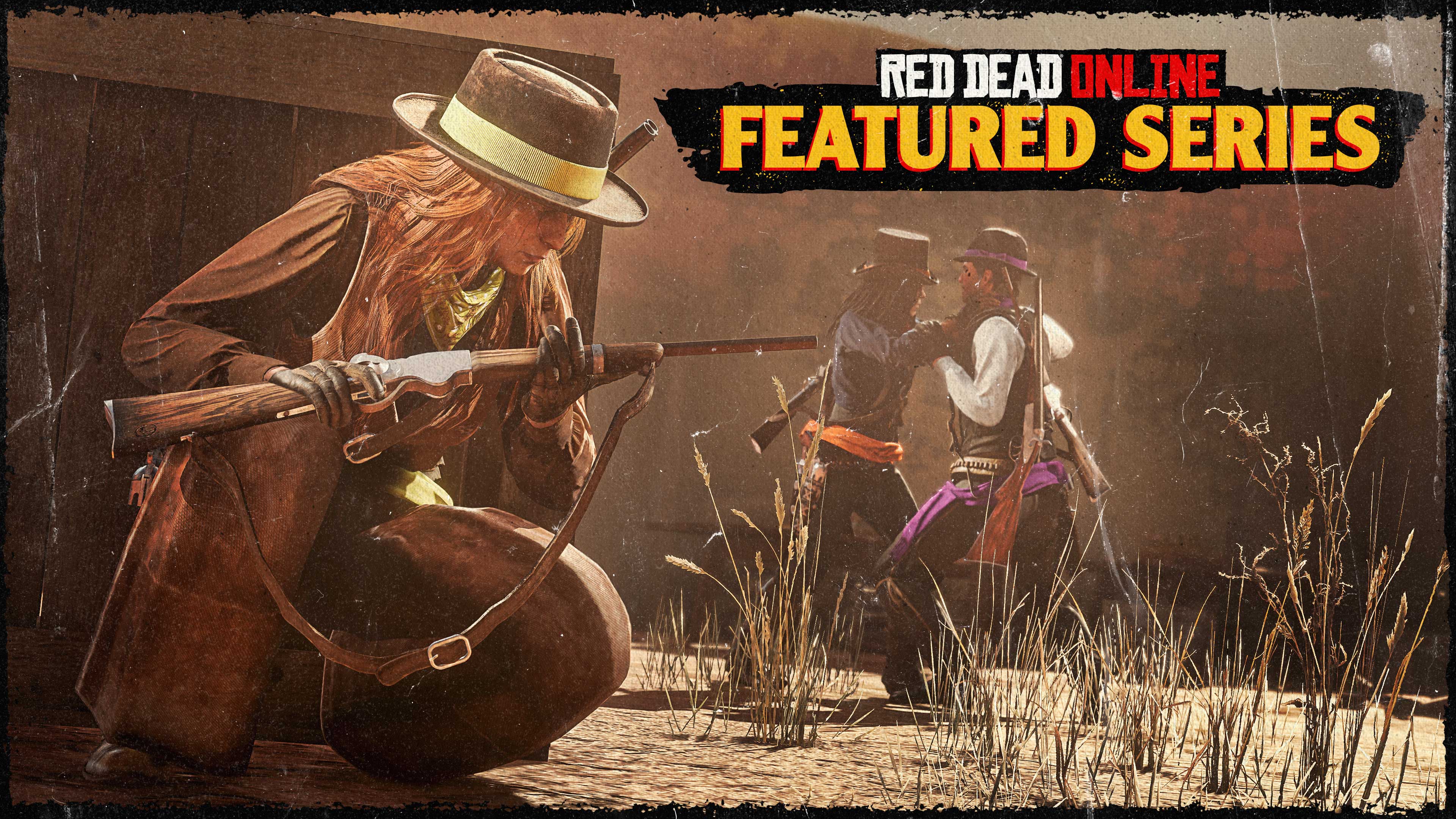 两名 Red Dead 在线模式角色正在扭打的时候，另外一名角色蹲伏在边上。
