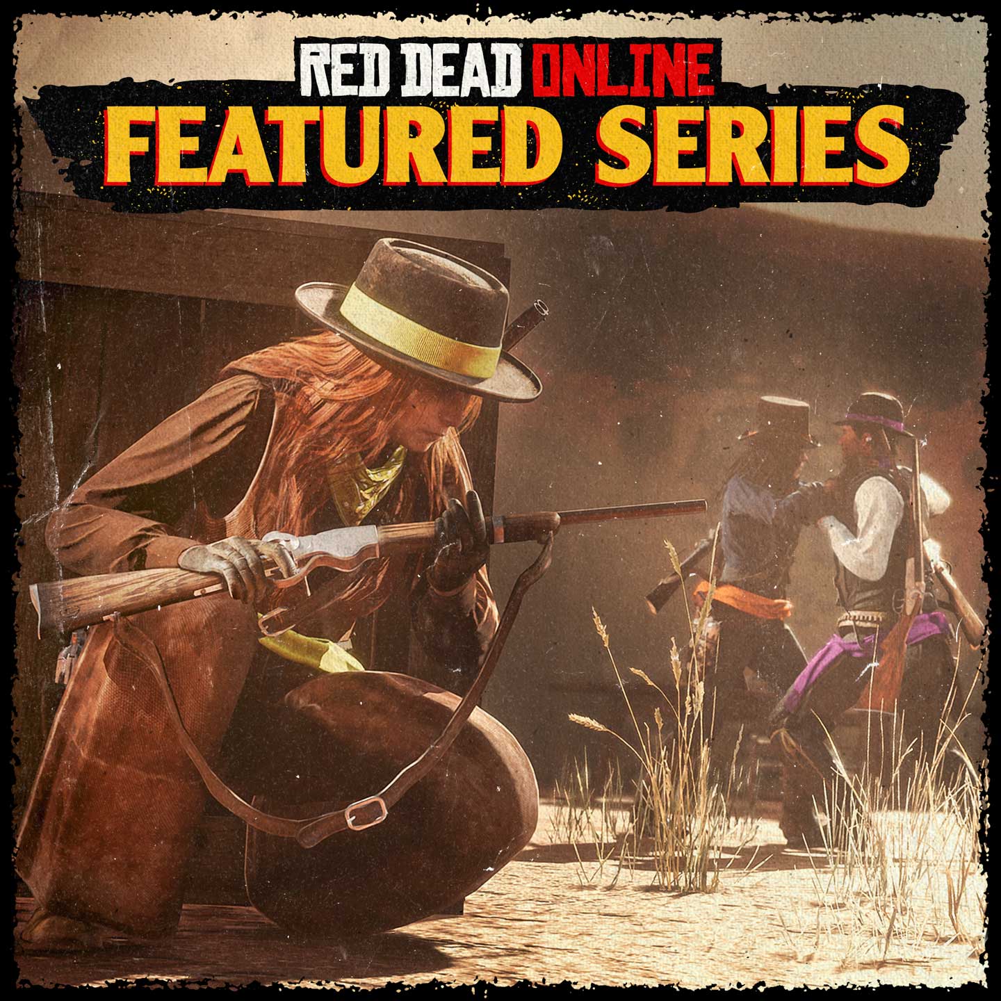 两名 Red Dead 在线模式角色正在扭打的时候，另外一名角色蹲伏在边上。