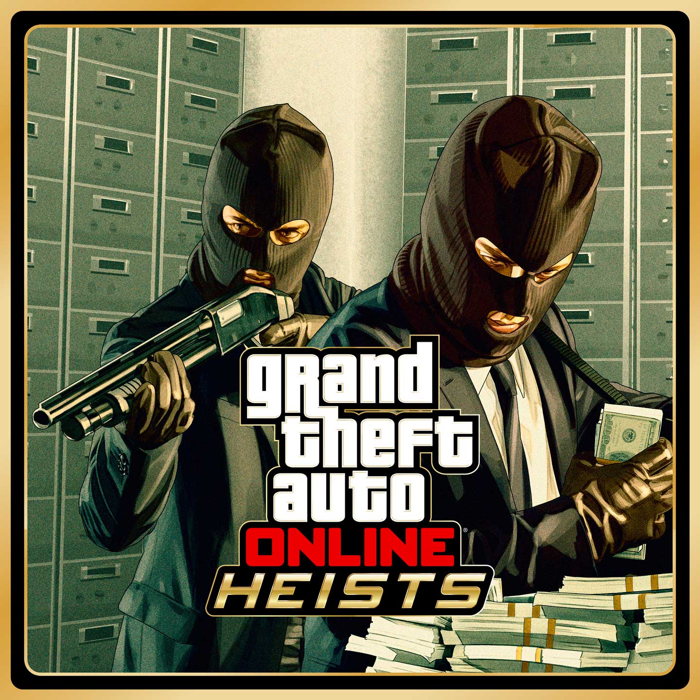 Grand Theft Auto 在线模式抢劫任务海报，海报上有两个蒙面人物将钱从银行金库放入一个背包。