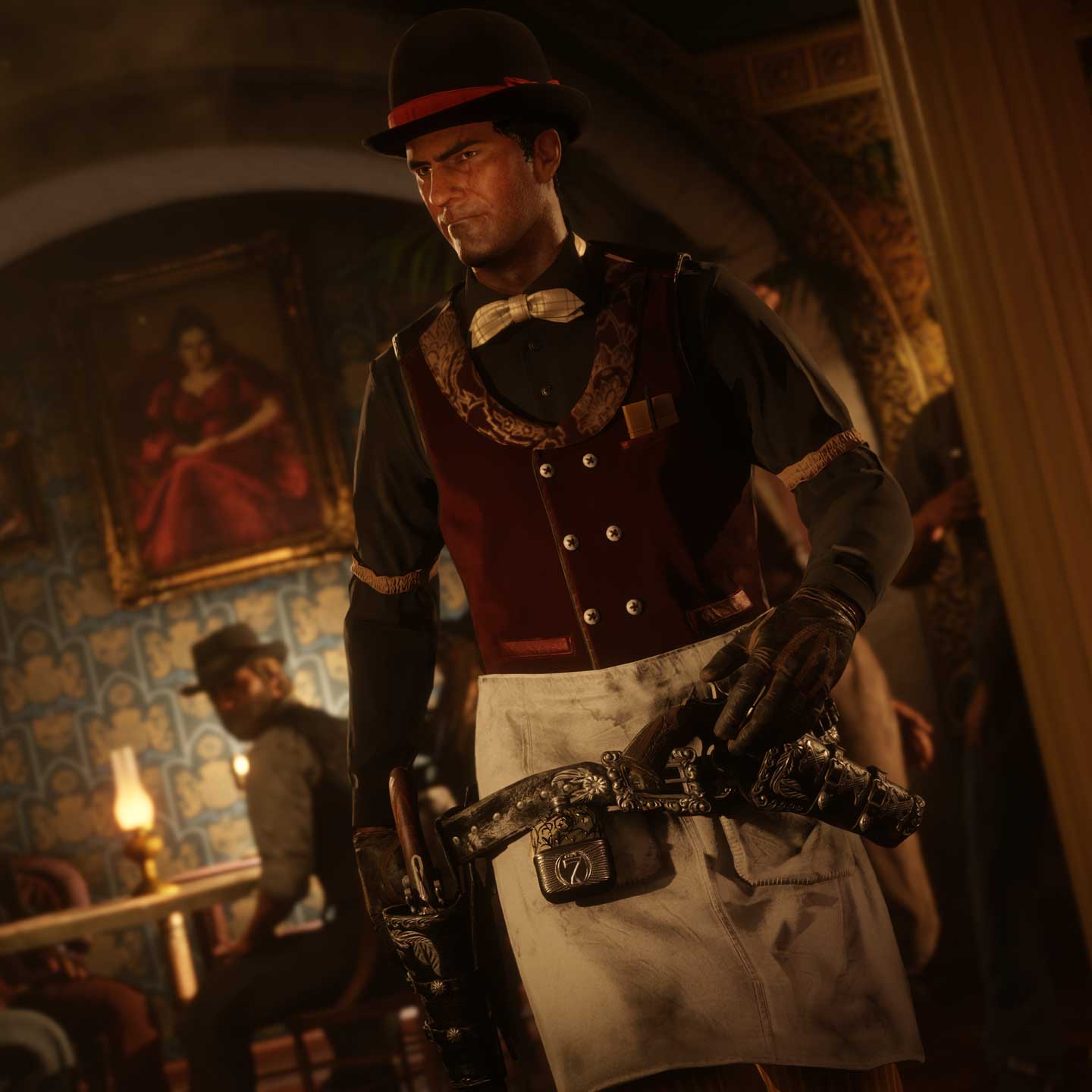 A character wearing a Moonshiner Role Outfit walks through a candlelit Moonshine Shack as people sat at a table look to them.