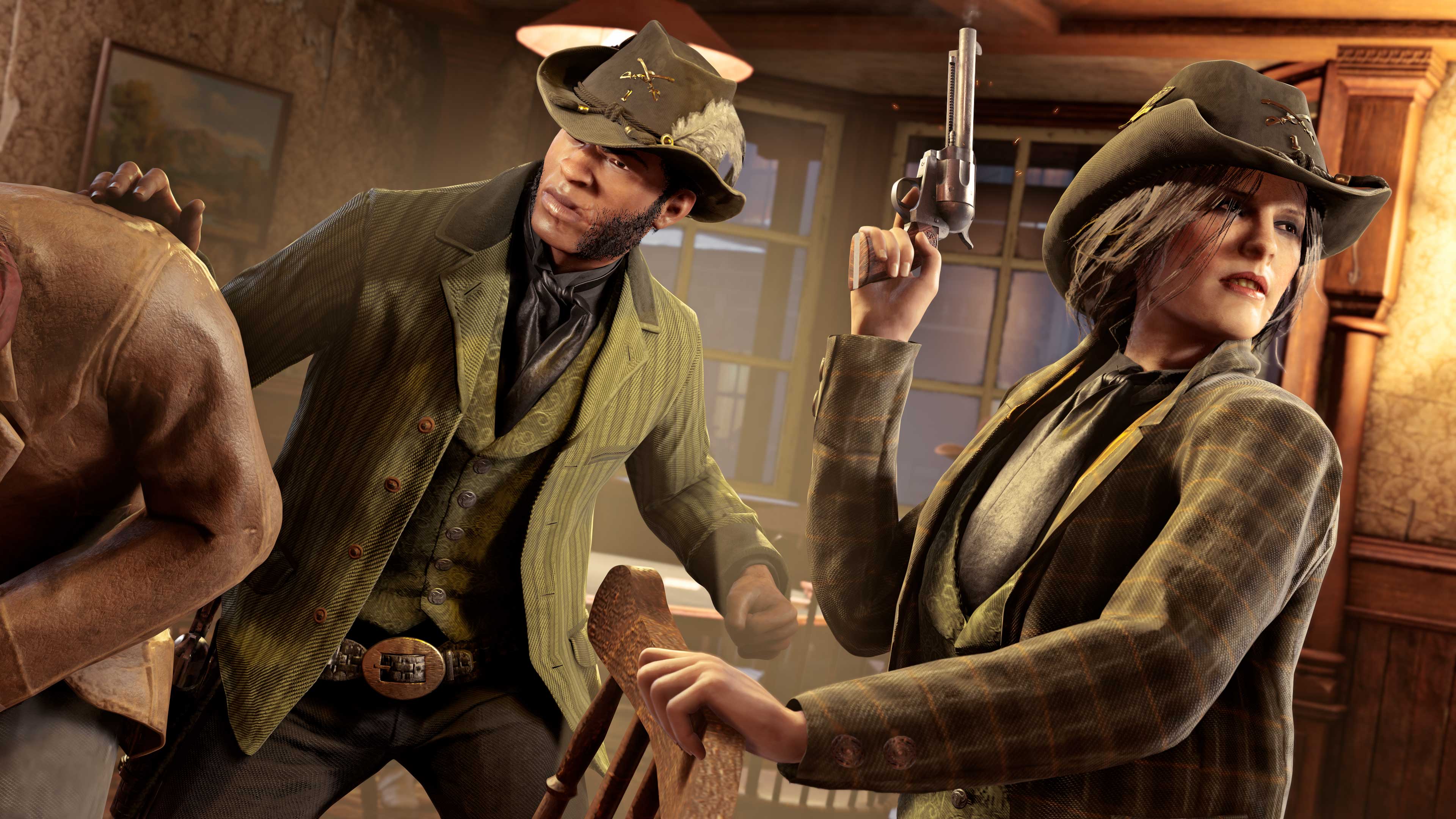 Two characters wearing the Wild Mitts-inspired outfit look ready for action.