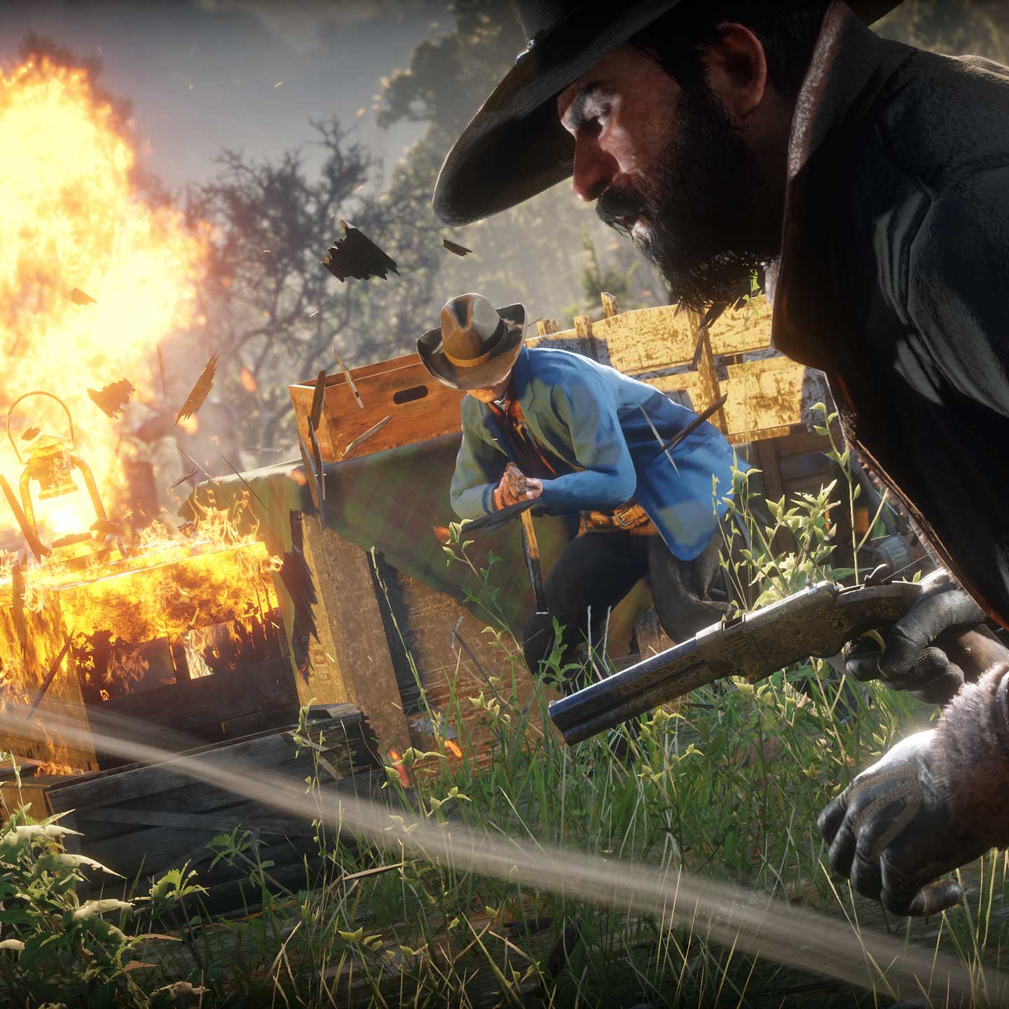 Characters engaged in armed combat run for cover as a lantern explodes.