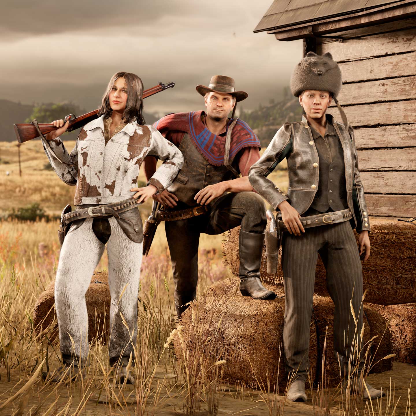 Three characters pose as they wear a variety of exclusive reward clothing.