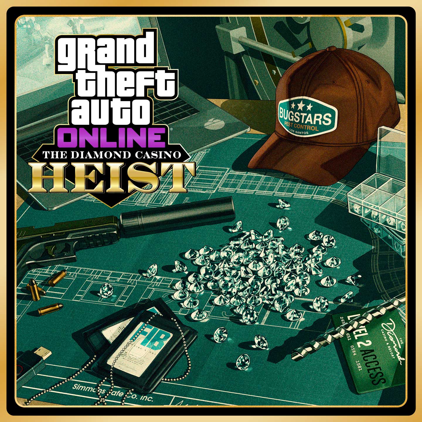 Grand Theft Auto 在线模式：名钻赌场豪劫的海报。钻石堆在一张蓝图上，周围摆满了抢劫装备，比如 FIB 证件、一把电钻、一顶除虫大师帽子、消音手枪以及笔记本电脑。