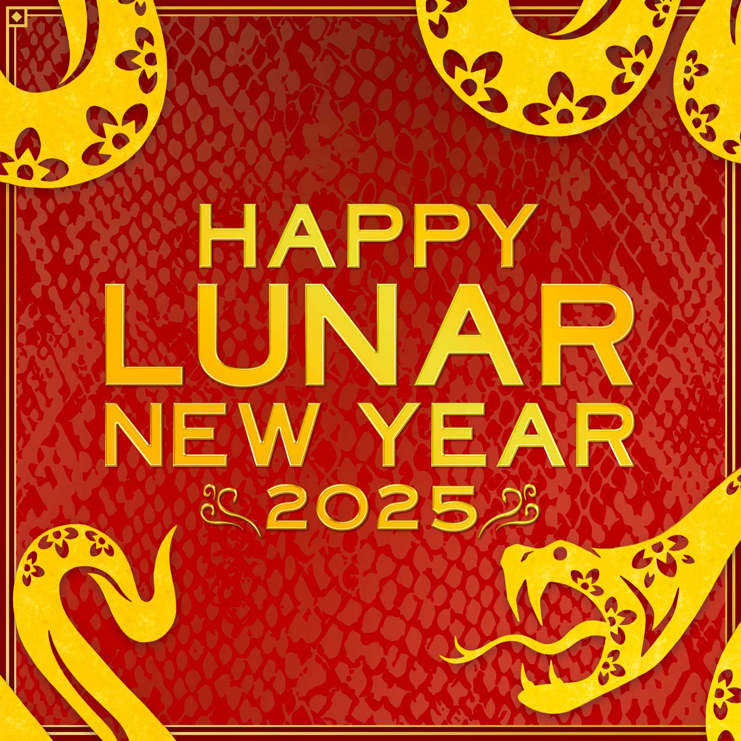蛇年大吉 2025 海报，四角饰有一条金色蛇图画。