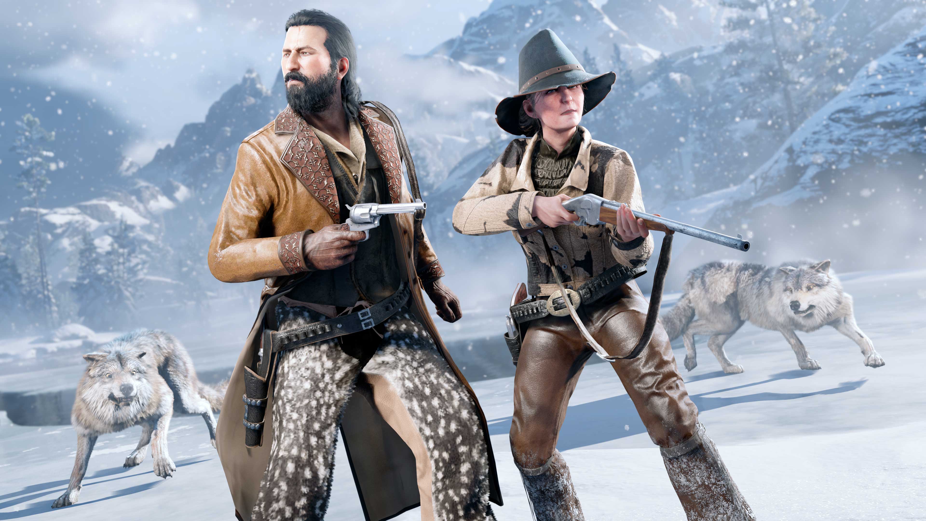 两名 Red Dead 在线模式角色全副武装地站在雪地里，狼群将他们团团围住。