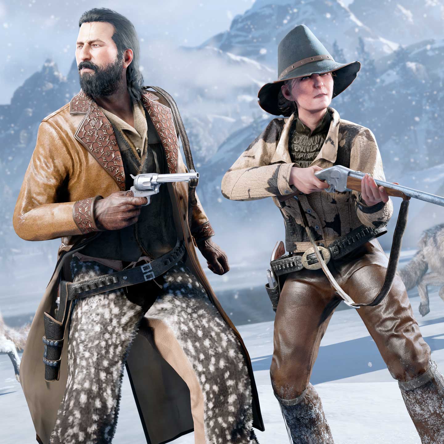 两名 Red Dead 在线模式角色全副武装地站在雪地里，狼群将他们团团围住。