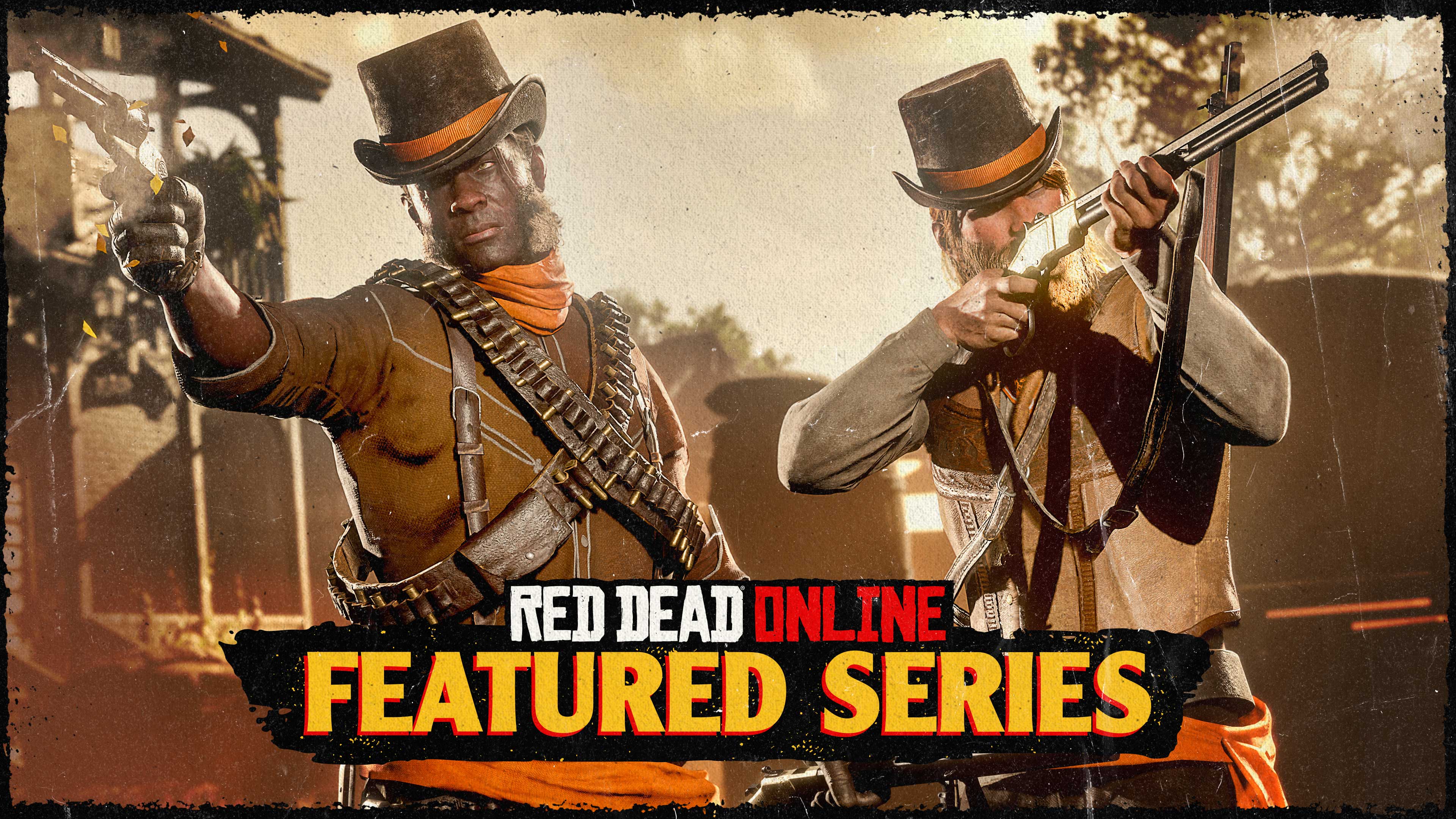 Red Dead 在线模式精选系列赛的海报，内容为两个角色并肩向外瞄准武器。