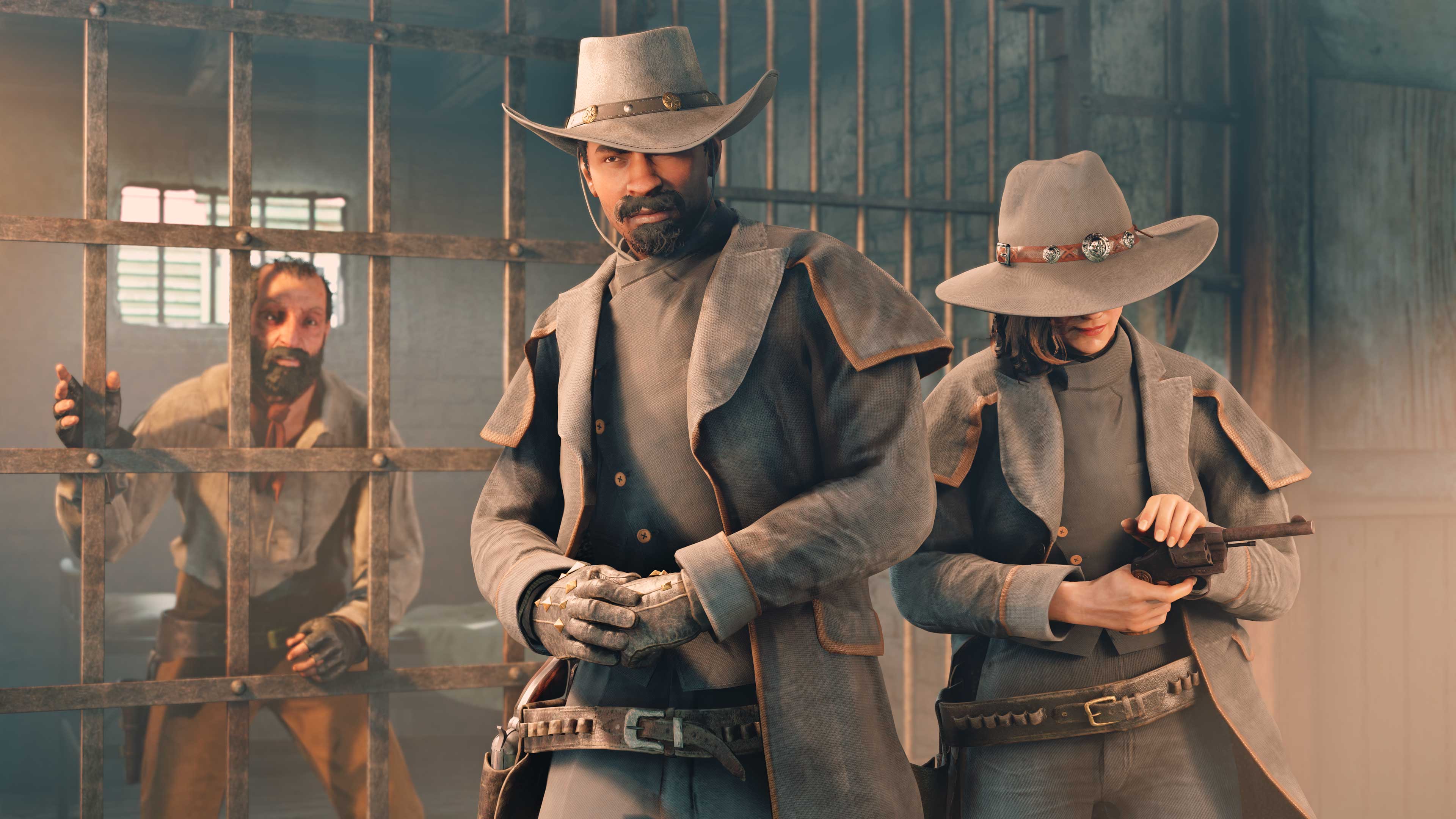 两名 Red Dead 在线模式角色身穿受 Don Mosh 启发的深色社区装束在摆姿势。