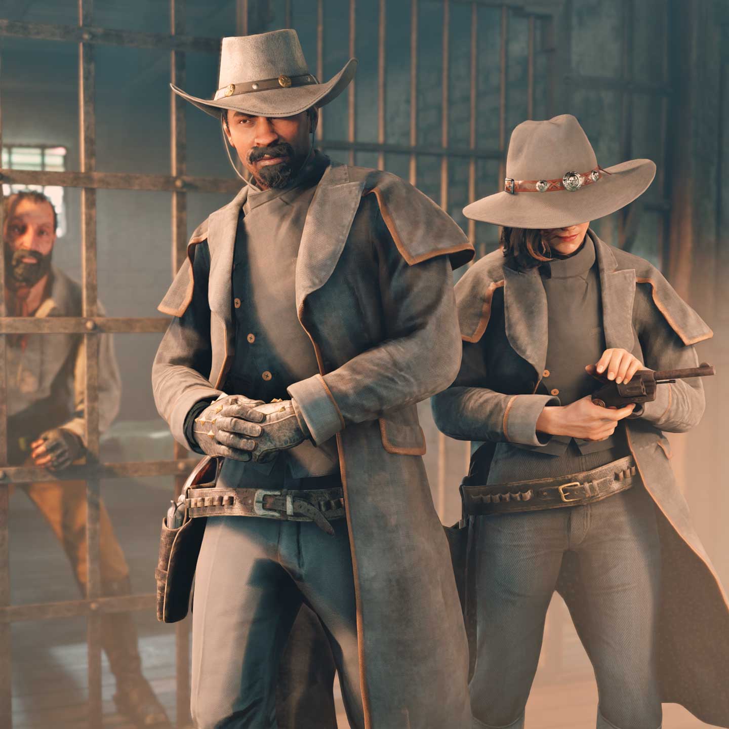 两名 Red Dead 在线模式角色身穿受 Don Mosh 启发的深色社区装束在摆姿势。