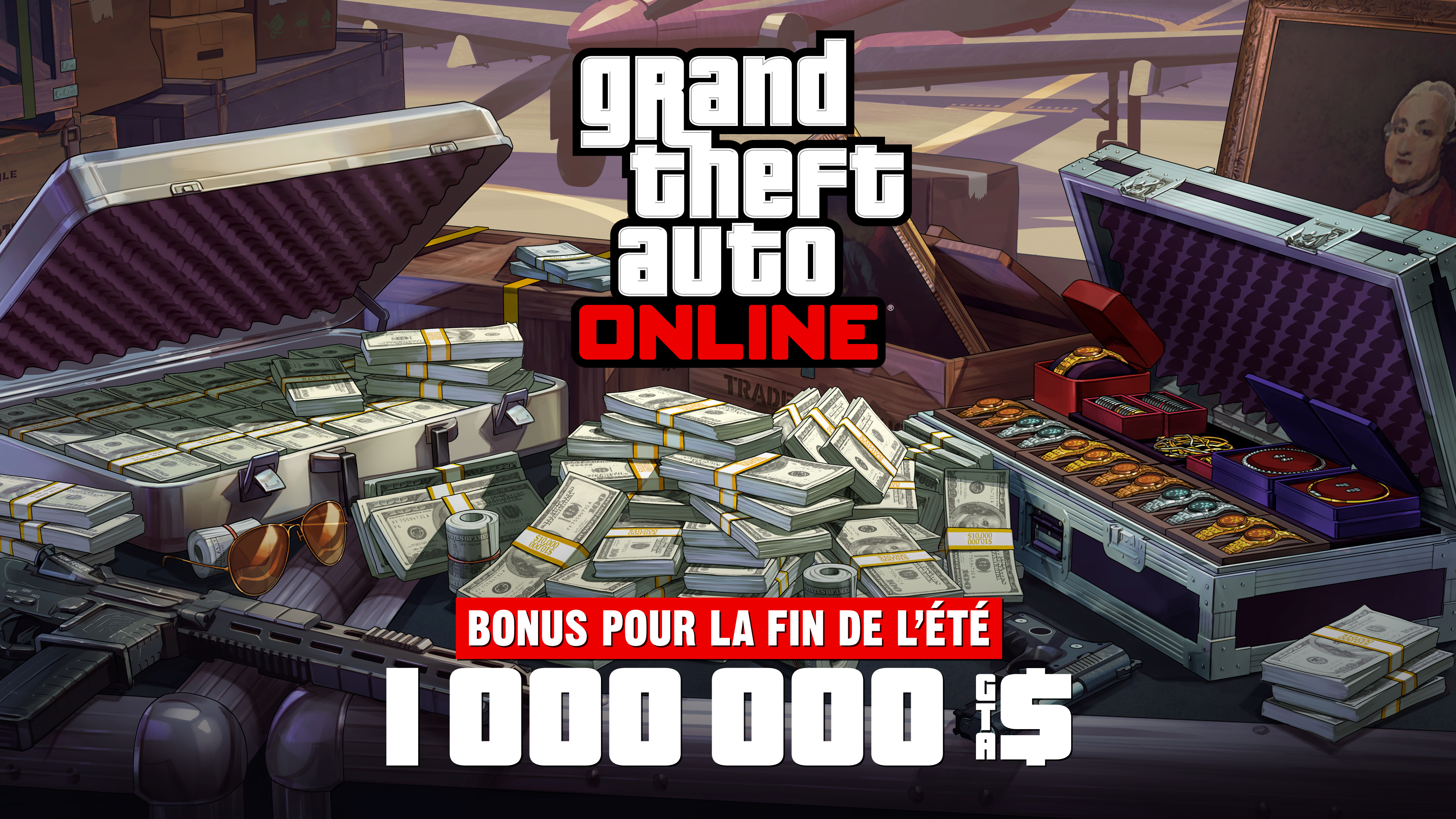 Grand Theft Auto 在线模式海报，机场附近的一个金属箱上放着现金、枪支、绘画作品和一箱珠宝。海报上写着：夏末大放送。100 万 GTA 游戏币。