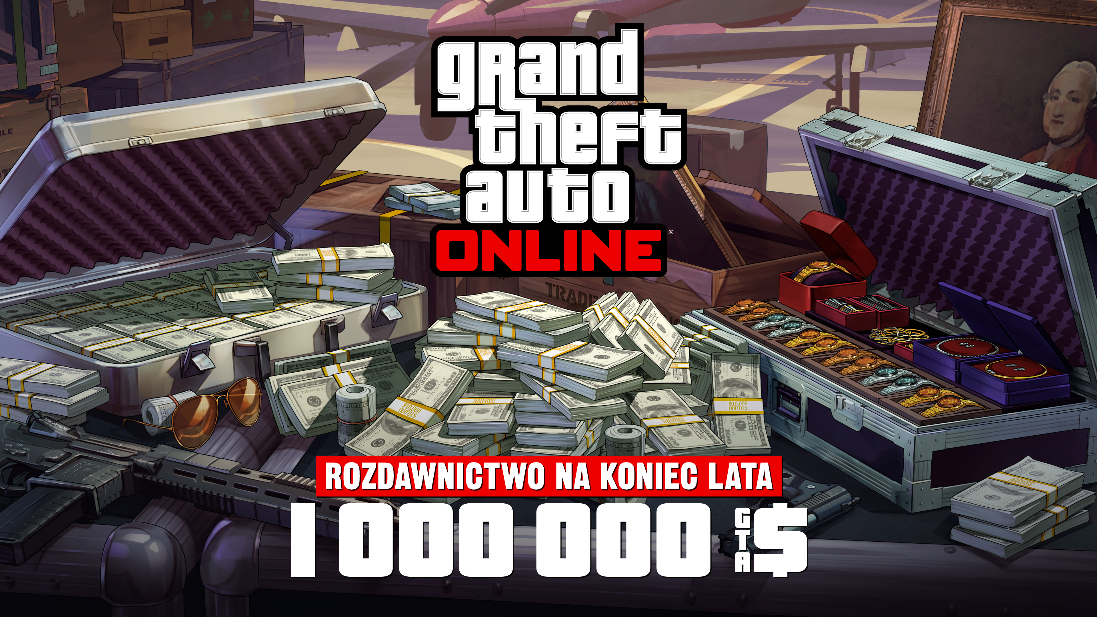 Grand Theft Auto 在线模式海报，机场附近的一个金属箱上放着现金、枪支、绘画作品和一箱珠宝。海报上写着：夏末大放送。100 万 GTA 游戏币。