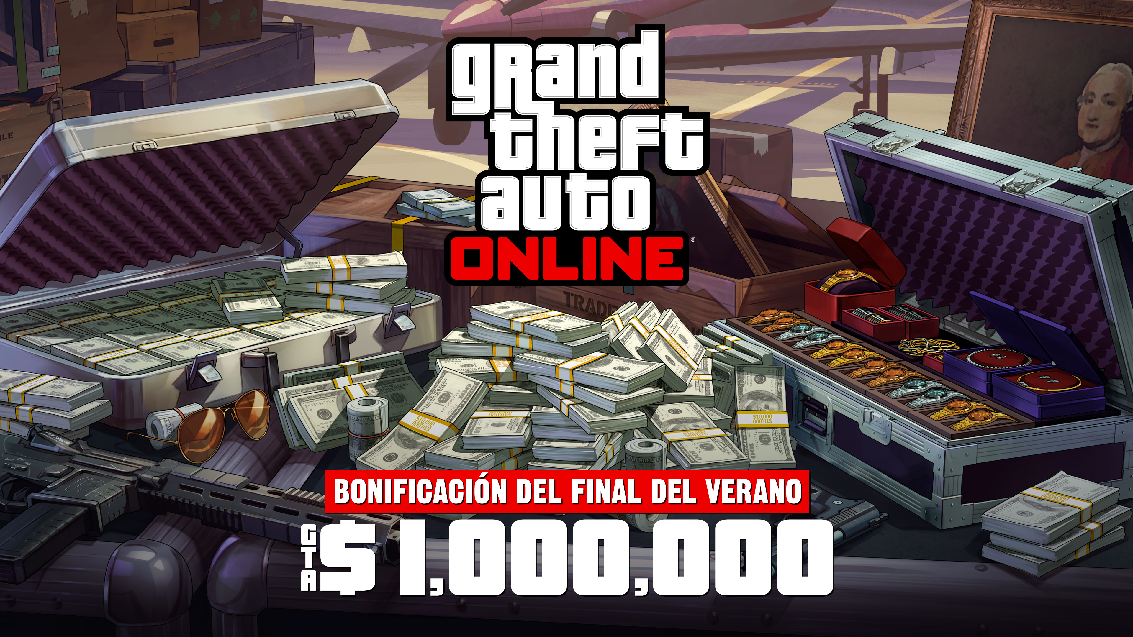 Grand Theft Auto 在线模式海报，机场附近的一个金属箱上放着现金、枪支、绘画作品和一箱珠宝。海报上写着：夏末大放送。100 万 GTA 游戏币。