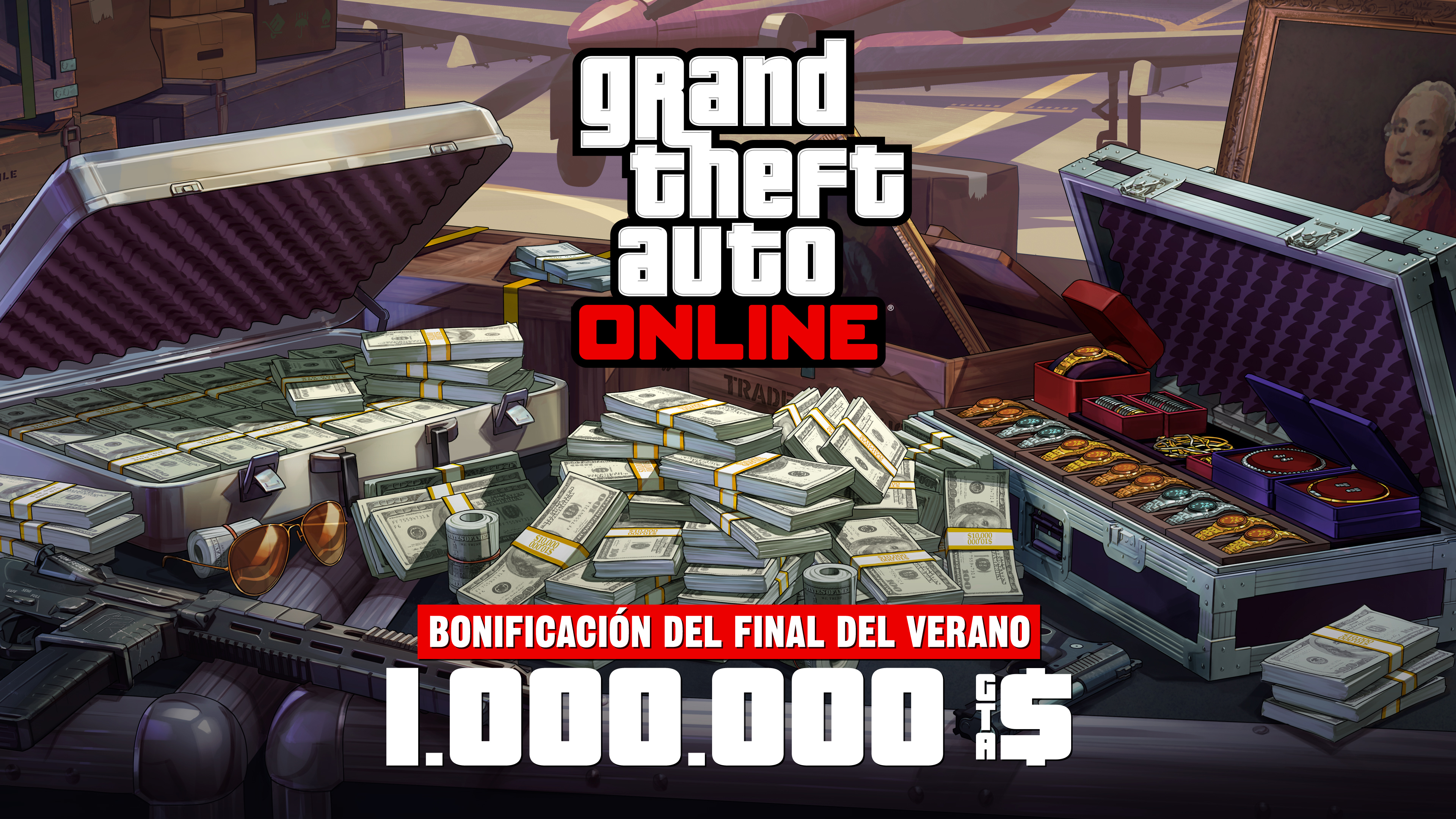 Grand Theft Auto 在线模式海报，机场附近的一个金属箱上放着现金、枪支、绘画作品和一箱珠宝。海报上写着：夏末大放送。100 万 GTA 游戏币。