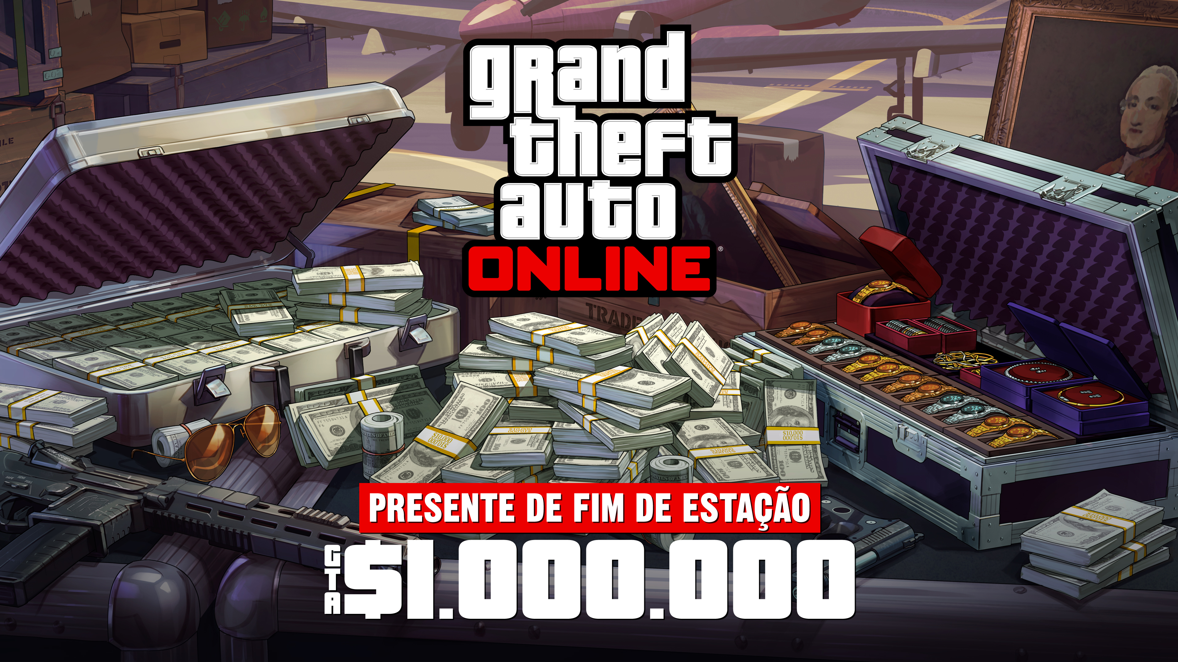 Grand Theft Auto 在线模式海报，机场附近的一个金属箱上放着现金、枪支、绘画作品和一箱珠宝。海报上写着：夏末大放送。100 万 GTA 游戏币。