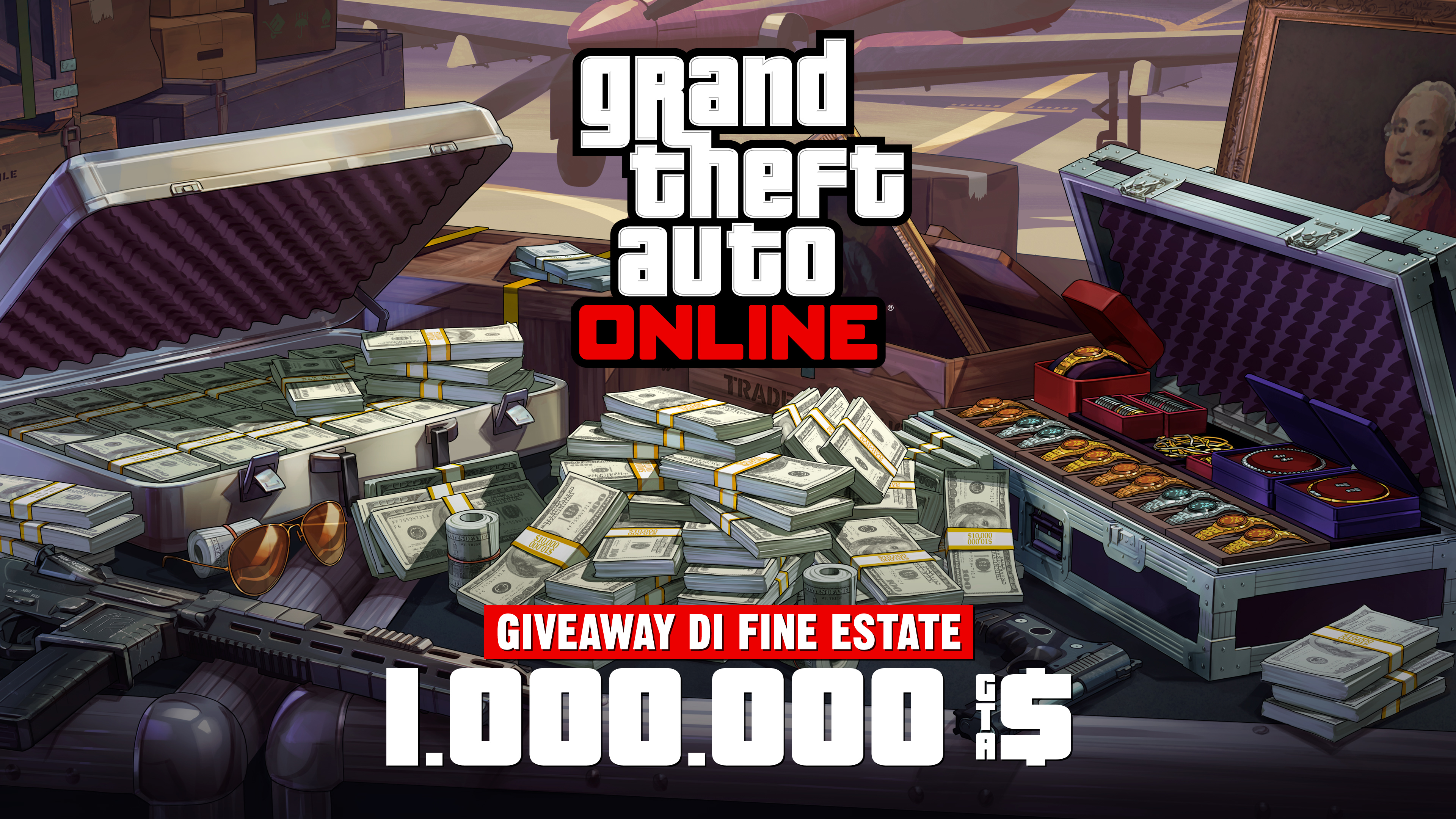 Grand Theft Auto 在线模式海报，机场附近的一个金属箱上放着现金、枪支、绘画作品和一箱珠宝。海报上写着：夏末大放送。100 万 GTA 游戏币。