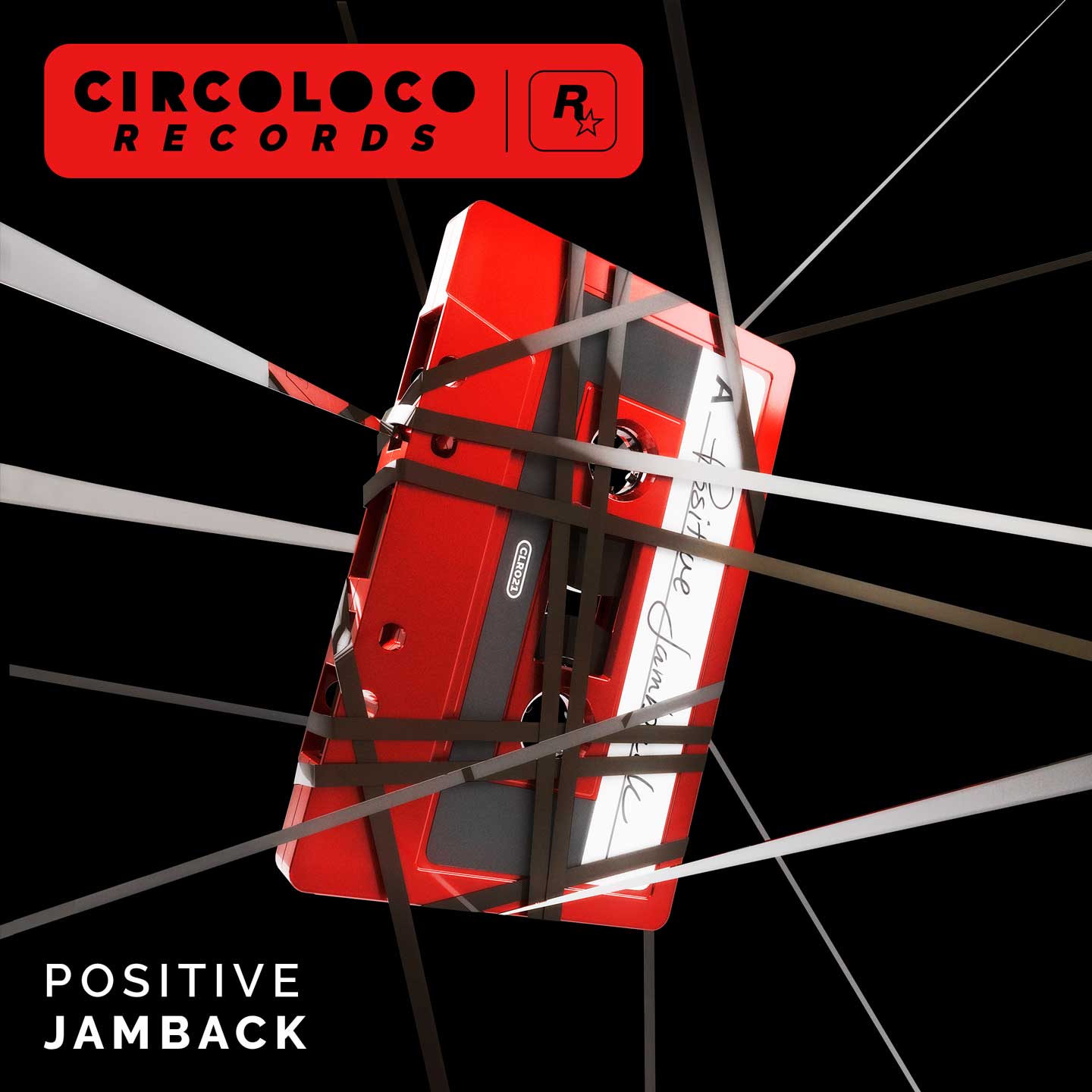 CircoLoco Records海报，内容为一盘红色盒式磁带，被磁带条缠绕。配有文字：Positive：Jamback。