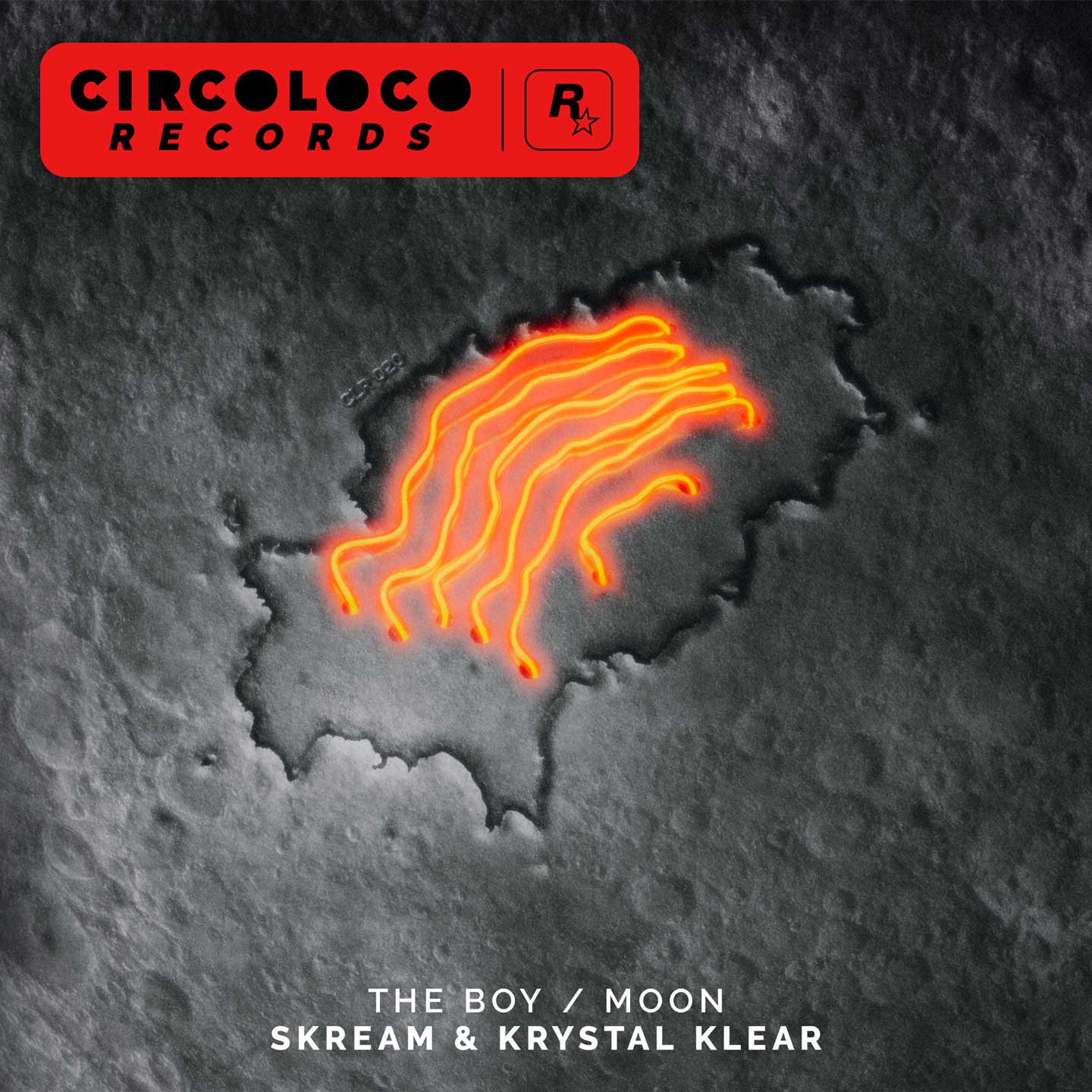 CircoLoco Records海报，内容为月球岩石纹理，中间配有加黑的涂鸦浮雕轮廓，轮廓内配有六条抖动的橘色霓虹线条。配有文字：Skream与Krystal Klear：The Boy / Moon。